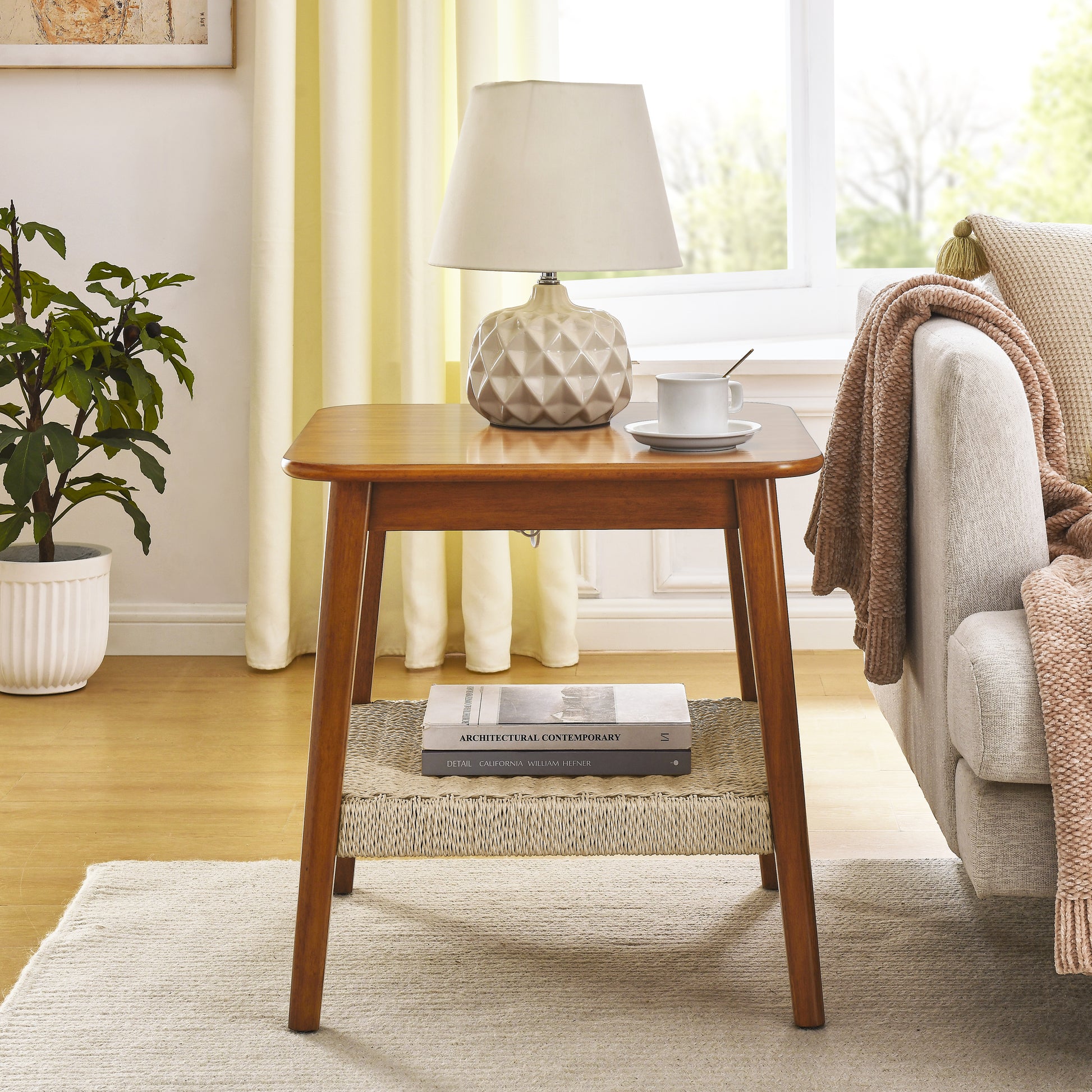 23" Mid Century Side Table With Woven Shelf, Boho Side Table With Storage, Bedside Tables, Small Side Table For Living Room Couch Bedroom Patio Home Office Walnut Solid Wood Mdf