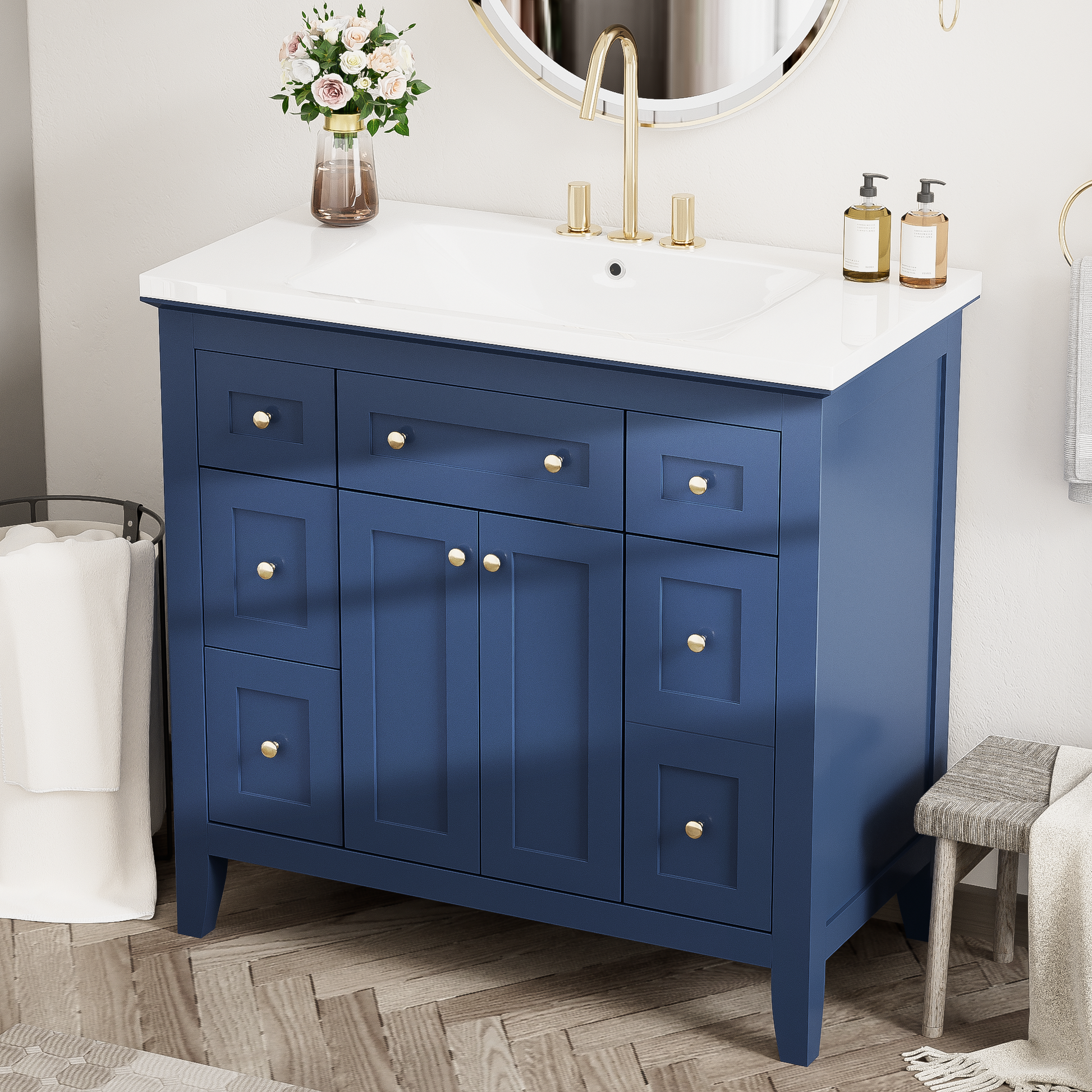 36'' Bathroon Vanity With Resin Sink Combo Set, Modern Freestanding Single Bathroom Cabinet With 6 Drawers & 2 Cabinets, Storage Cabinet For Bathroom, Solid Wood Frame Vanity Set, Blue 4 Blue 2 2 Bathroom Freestanding Solid Wood Mdf Resin Painted