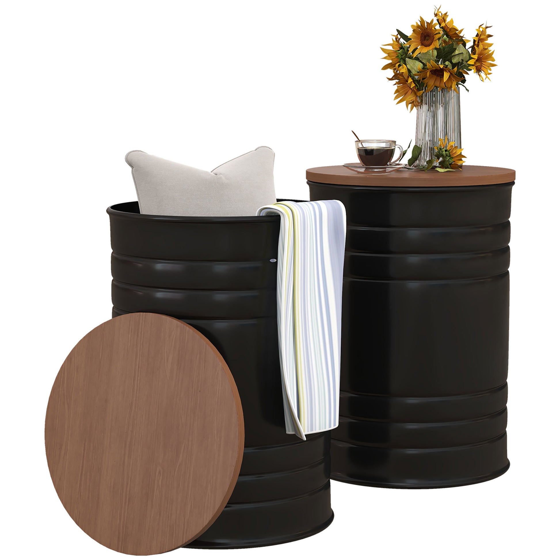 Homcom Nesting Storage Ottomans Set Of 2 With Lids, Hidden Space Black Metal