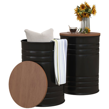 Homcom Nesting Storage Ottomans Set Of 2 With Lids, Hidden Space Black Metal