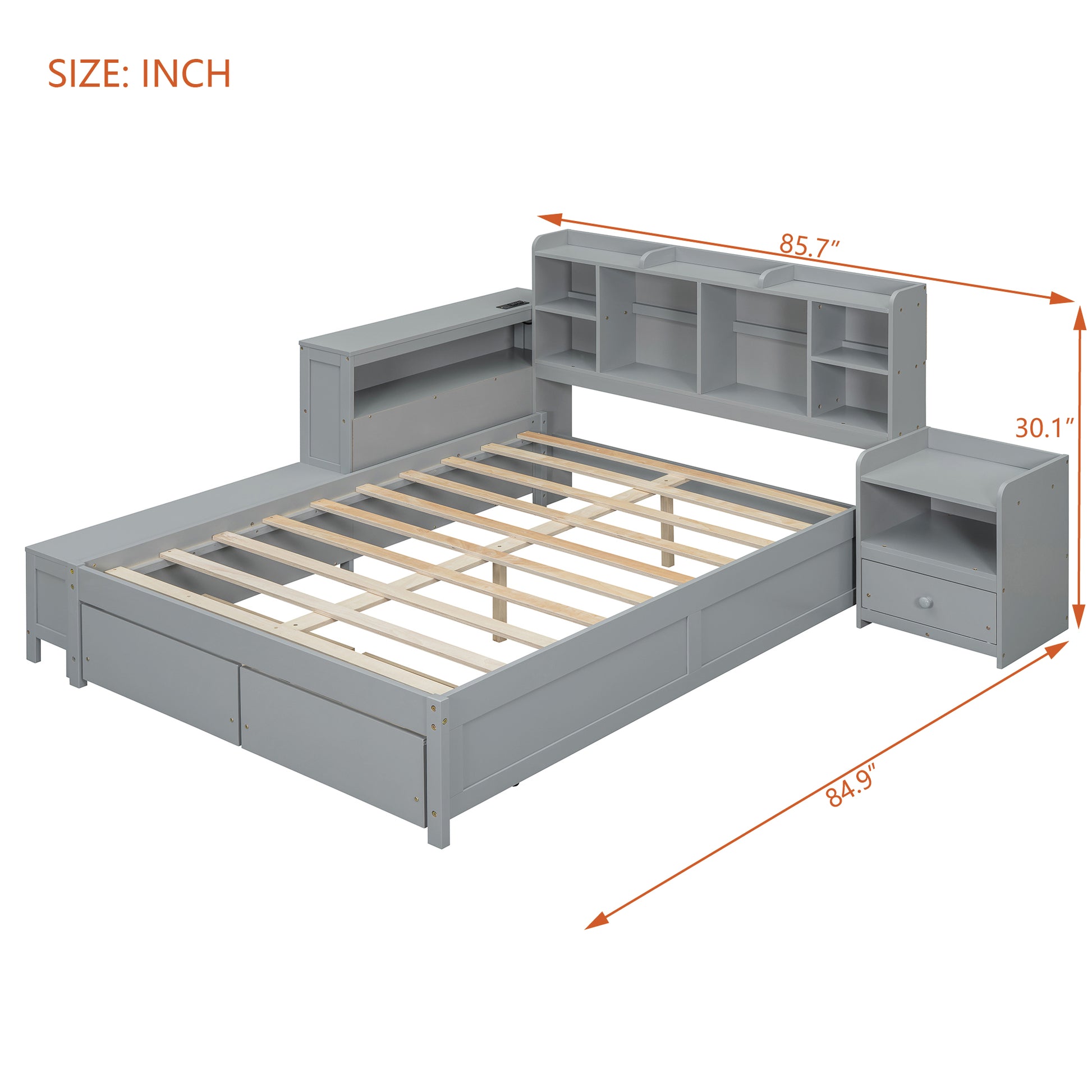 Full Size Wooden Platform Bed With Multi Functional Storage Space, Nightstand, 2 Drawers, Usb Ports And Desk, Gray Full Gray Wood