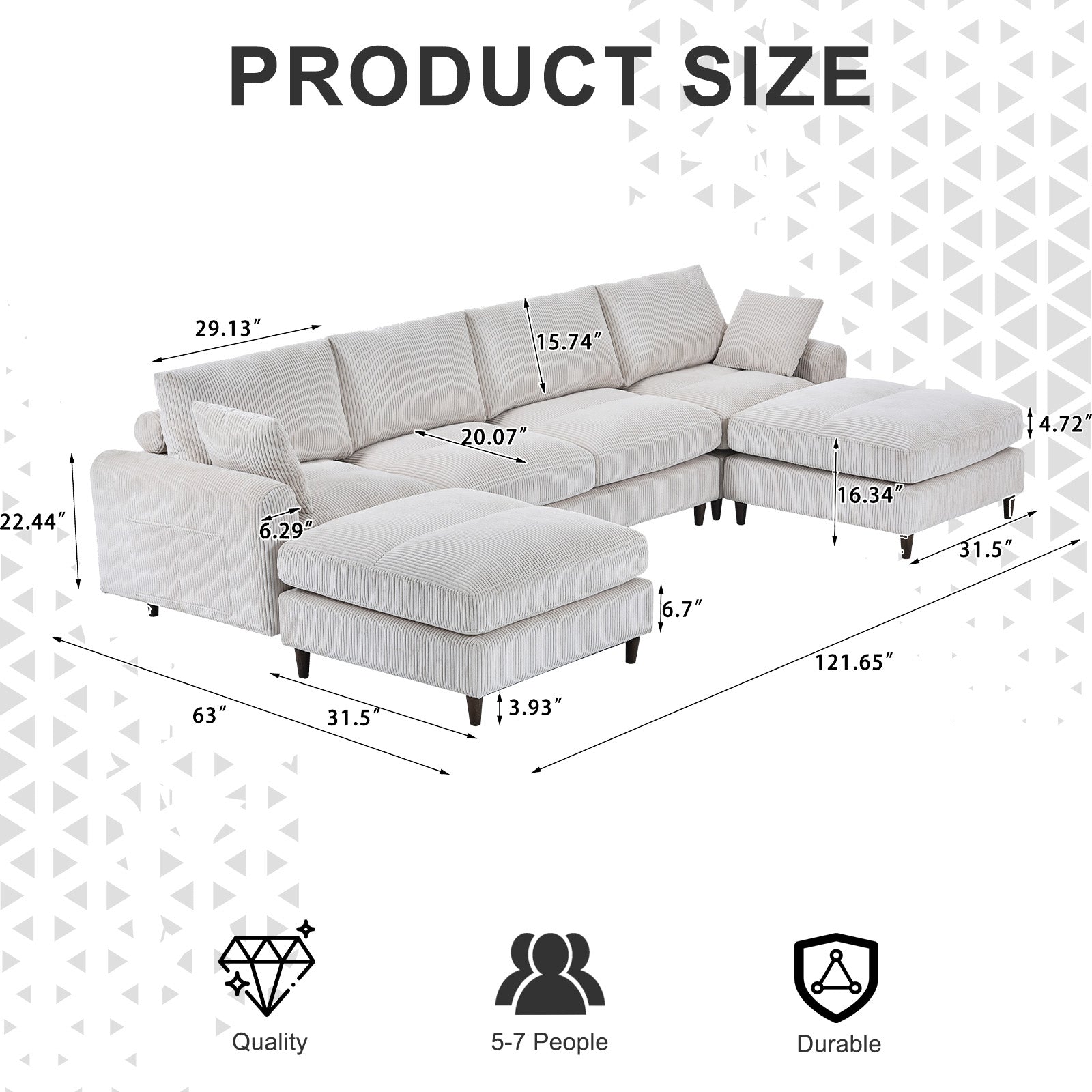 Modern Corduroy Modular Section Sofa, U Shaped Convertible L Shaped Sofa Set With Pillow, Oversized Sectional Sofa With Footstool, Suitable For Living Room, Attic, Apartment, Office White 6 Seat