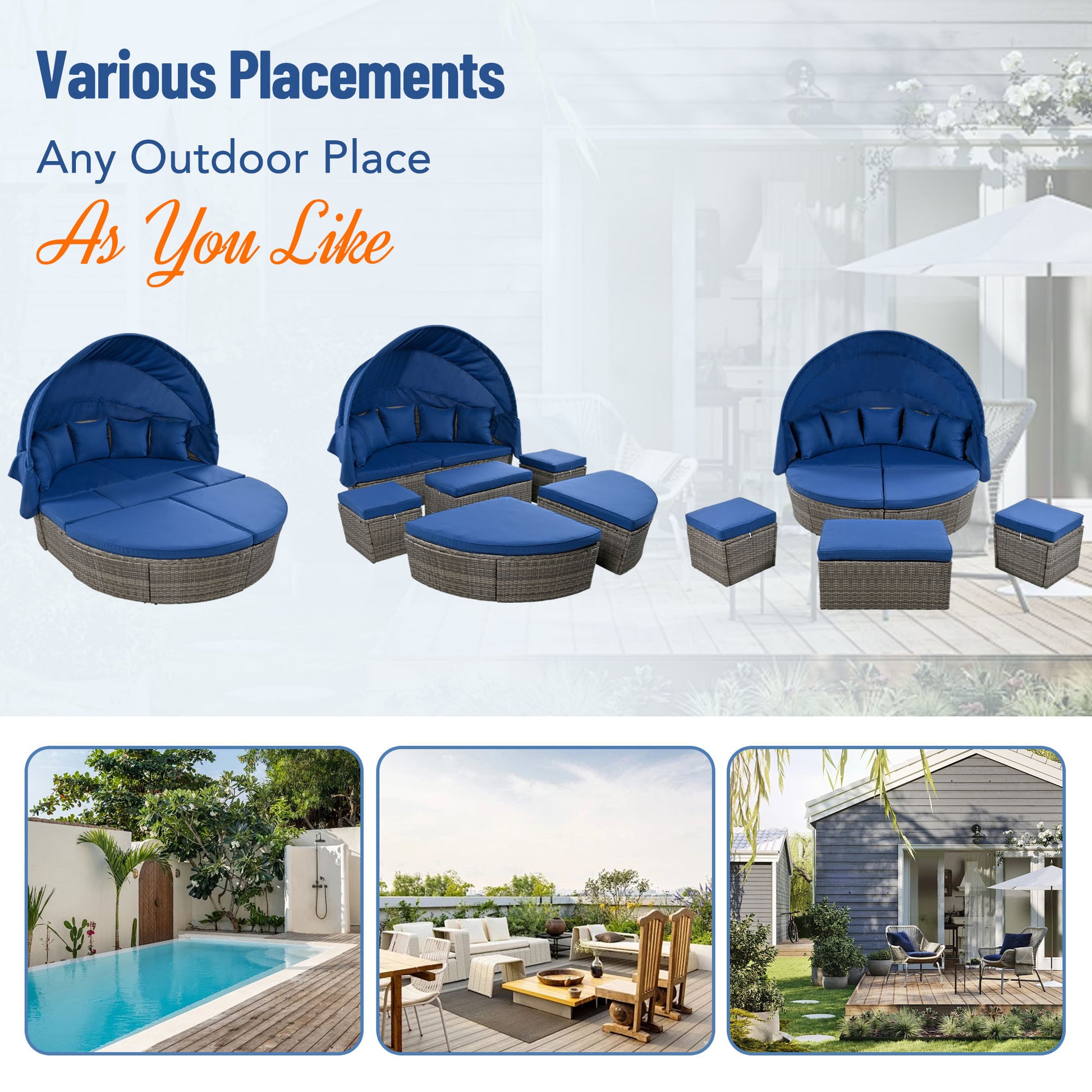 Outdoor Rattan Daybed Sunbed With Retractable Canopy Wicker Furniture, Round Outdoor Sectional Sofa Set, Gray Wicker Furniture Clamshell Seating With Washable Cushions, Backyard, Porch, Blue Yes Blue Seats 8 Garden & Outdoor Foam Wicker