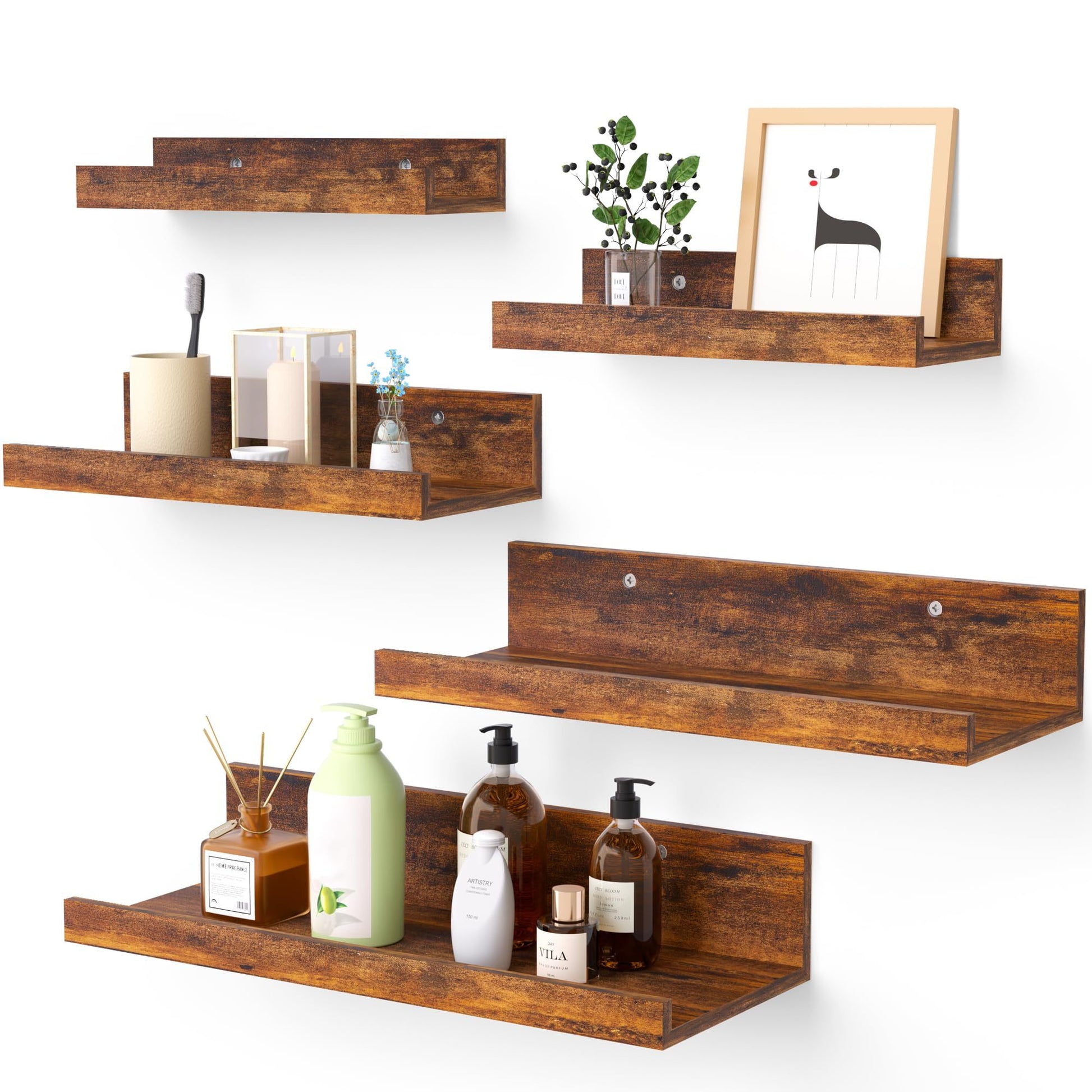 Floating Shelves For Wall Decor Storage, Wall Shelves Set Of 5 Rustic Brown Engineered Wood