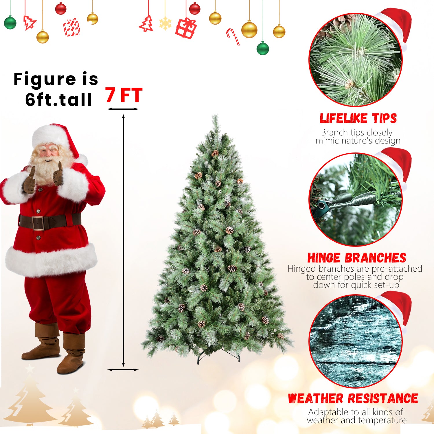 8Ft Scotch Pine Christmas Tree, Premium Frosted Pre Decorated Artificial Holiday Decor W 1,858 Branch Tips, Xmas Trees For Holiday Party Decoration Green Polyethylene