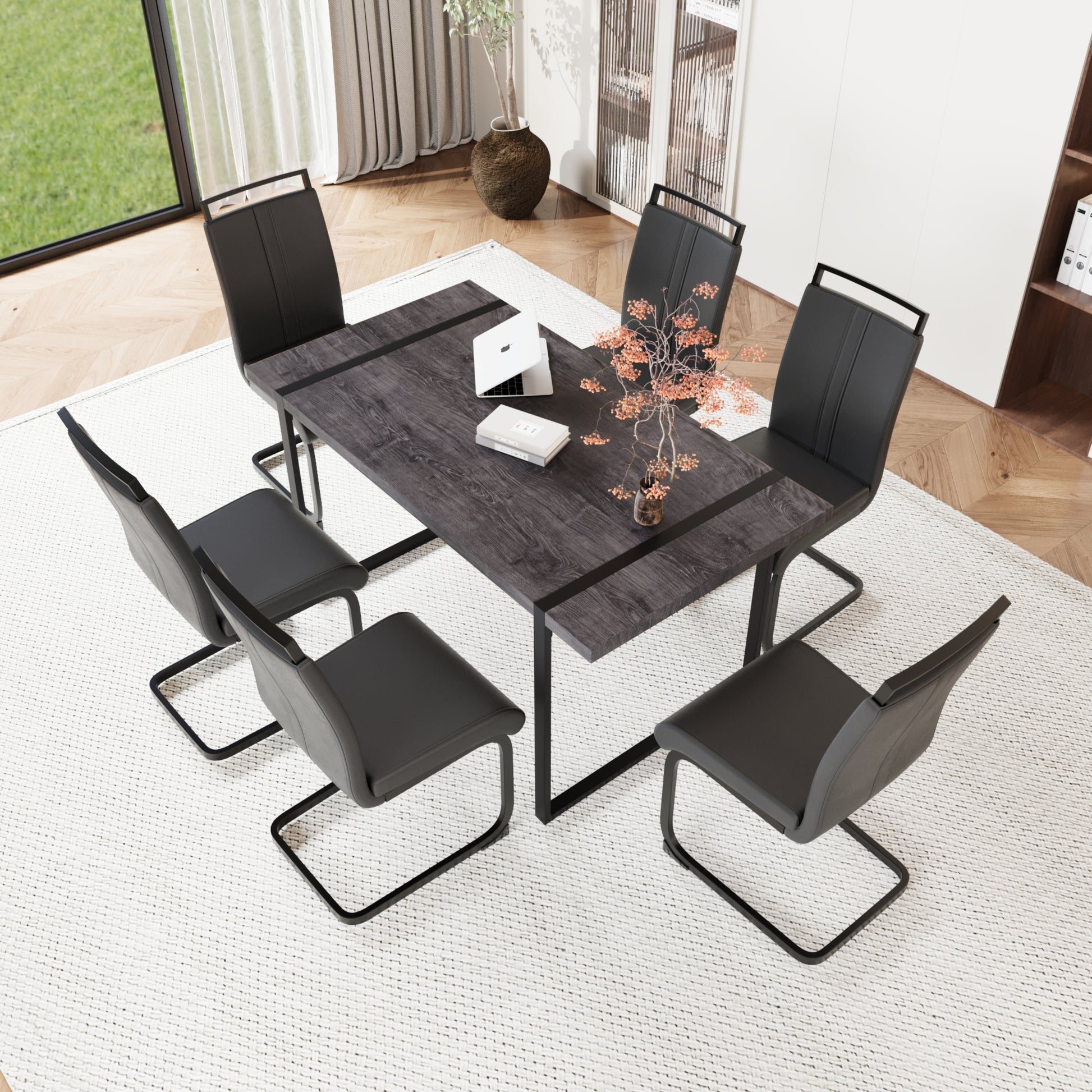 59 "Rural Industrial Rectangular Mdf Black Dining Table Set And Pu Armless Dining Chair Set, 6 Pieces. Kitchen Black Metal Table Leg Dining Chair Set Black Mdf