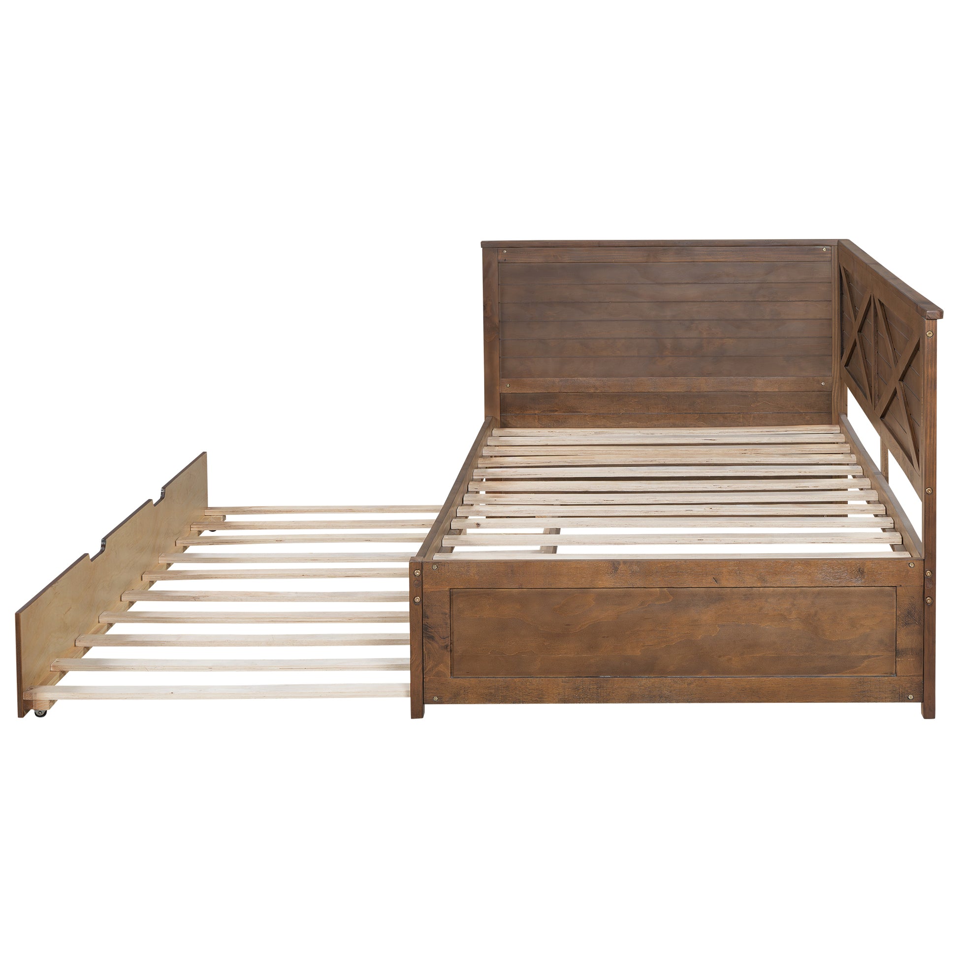 Twin Size Wood Daybed With Trundle And Rustic Guardrail, Ancient Brown Box Spring Not Required Twin Brown Wood Bedroom Solid Wood Mdf