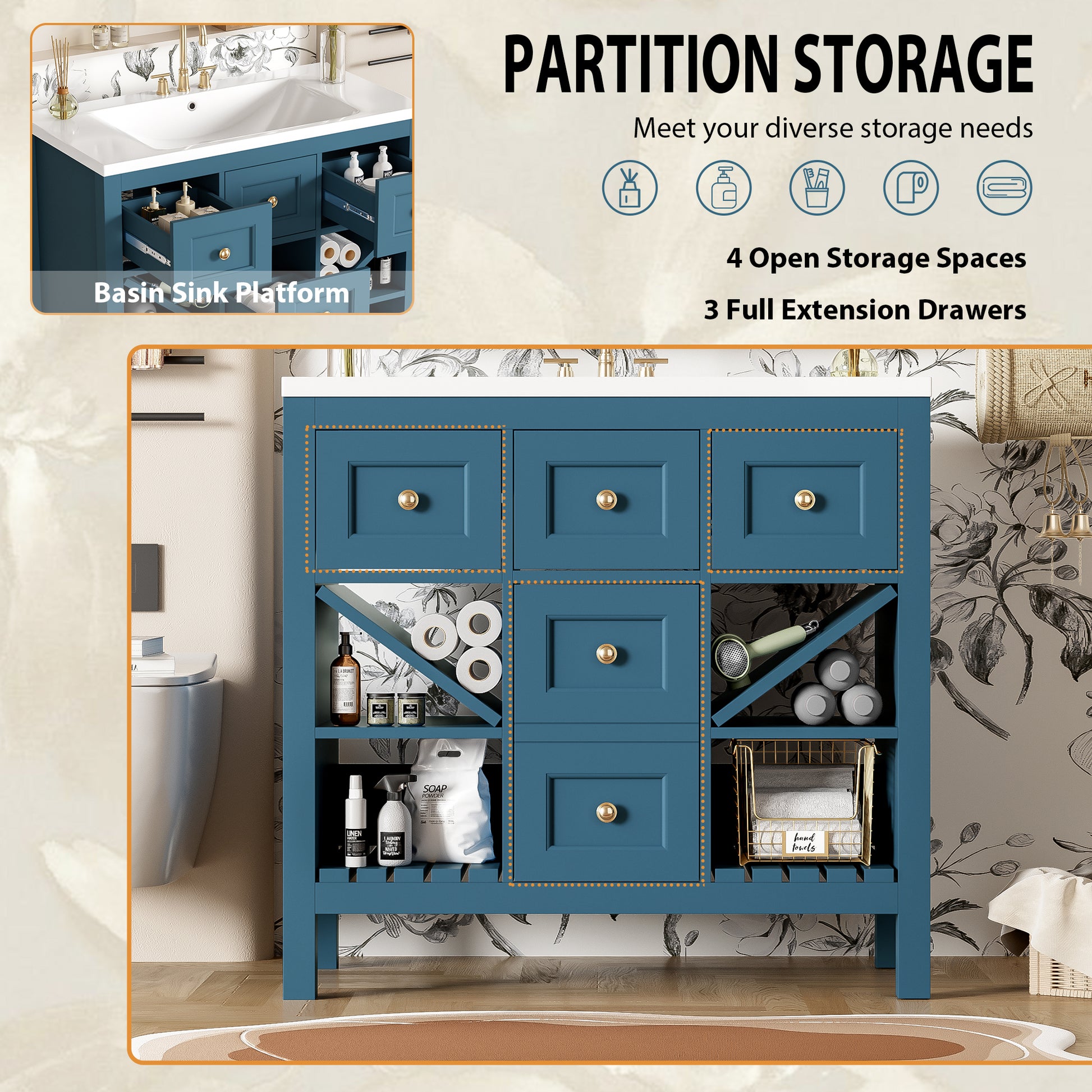 36'' Bathroom Vanity With Resin Sink Combo, Solid Wood Frame Bathroom Storage Cabinet, Freestanding Vanity Set With 5 Drawers& Soft Closing Doors Same As Sw000141Aam Blue Bathroom Solid Wood Mdf Resin