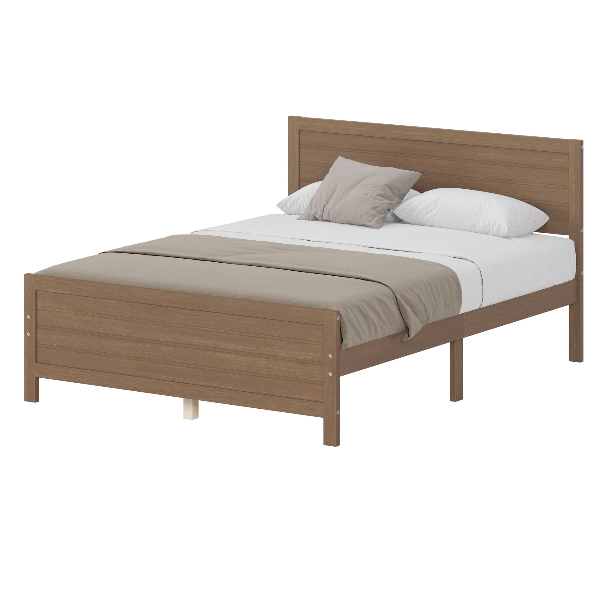 Wood Platform Bed Frame With Headboard, Mattress Foundation With Wood Slat Support, No Box Spring Needed, Queen Size, Walnut Box Spring Not Required Queen Walnut Wood Solid Wood Mdf