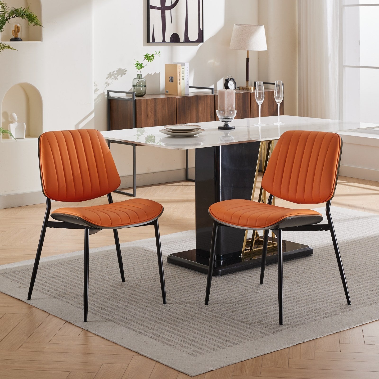Dining Chairs Set Of 2 Mid Century Modern Retro Faux Leather Chair With Walnut Bentwood Back Upholstered Seat Metal Legs Adjustable Foot For Kitchen Dining Room Chairs Orange Pu Orange Dining Room Classic Set Of 2 Foam Pu Leather