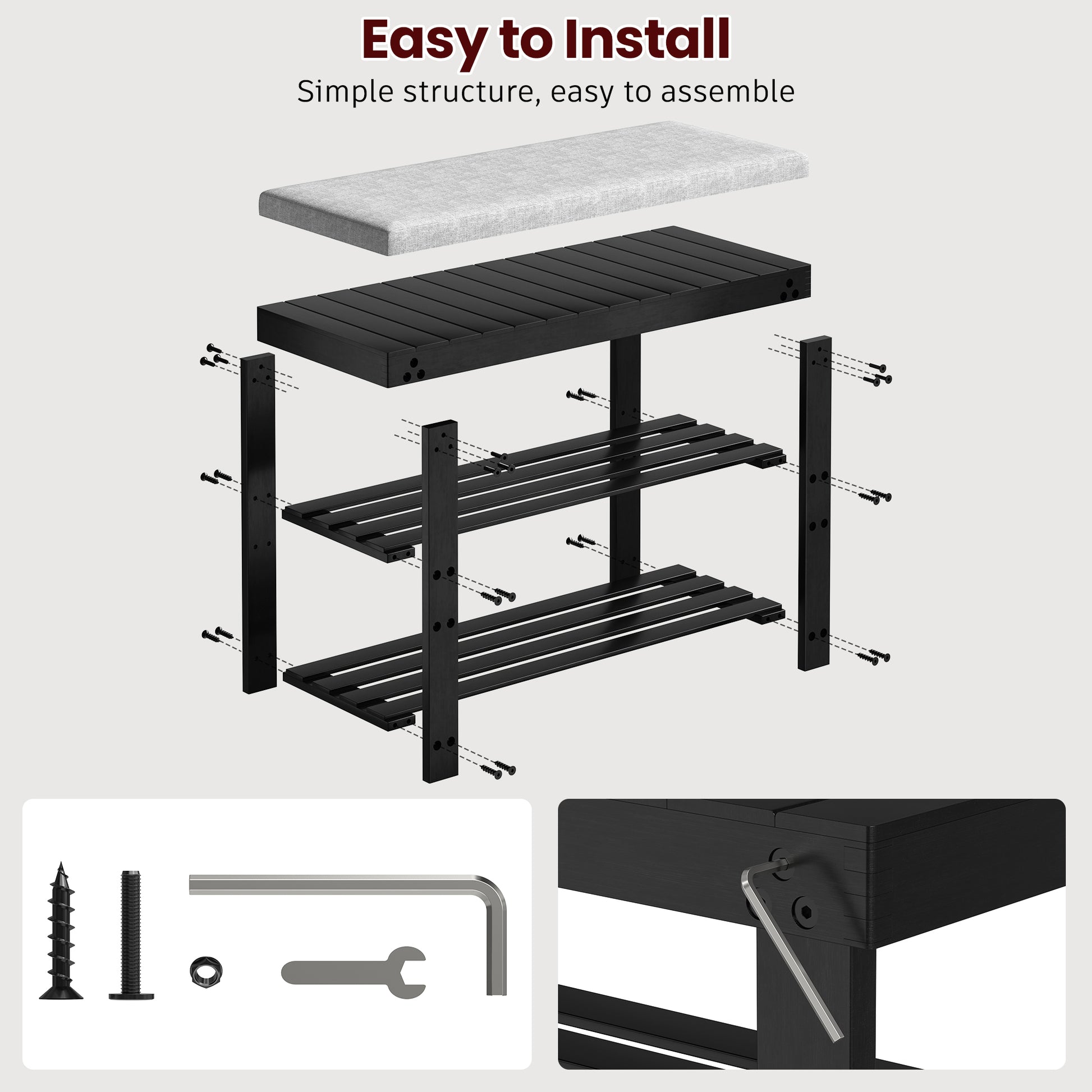Bamboo Shoe Bench, 3 Tier Shoe Rack, Entryway Bench With Cushion And Adjustable Shelves, Shoe Rack For Entryway, Hallway, Mudroom And Living Room, Black Black Bamboo