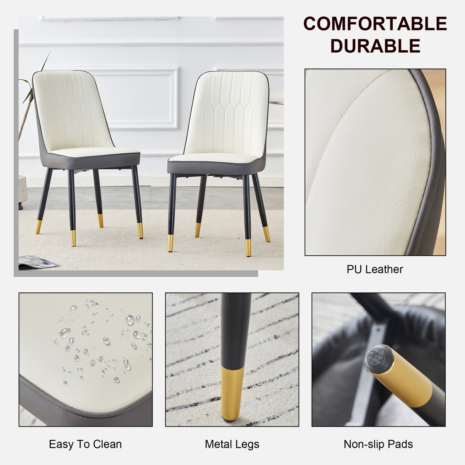 Table And Chair Set.A Morden Table With White Imitation Marble Patterned Stone Burning Tabletop With Golden Metal Legs.Paried With 4 Chairs With Pu Leather Backrest And Black Metal Legs. Black,White Gold Seats 4 Metal,Sintered Stone
