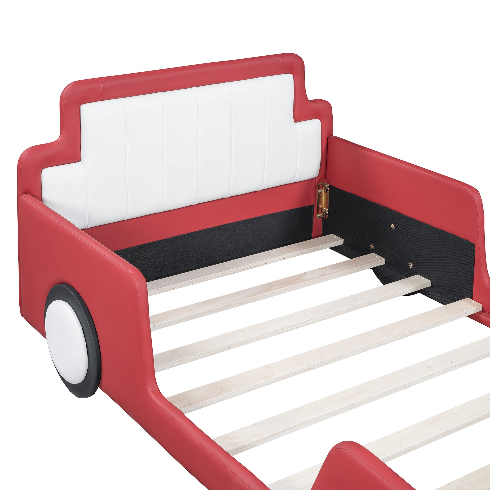 Twin Size Race Car Shaped Platform Bed With Wheels,Red Twin Red Pu Leather