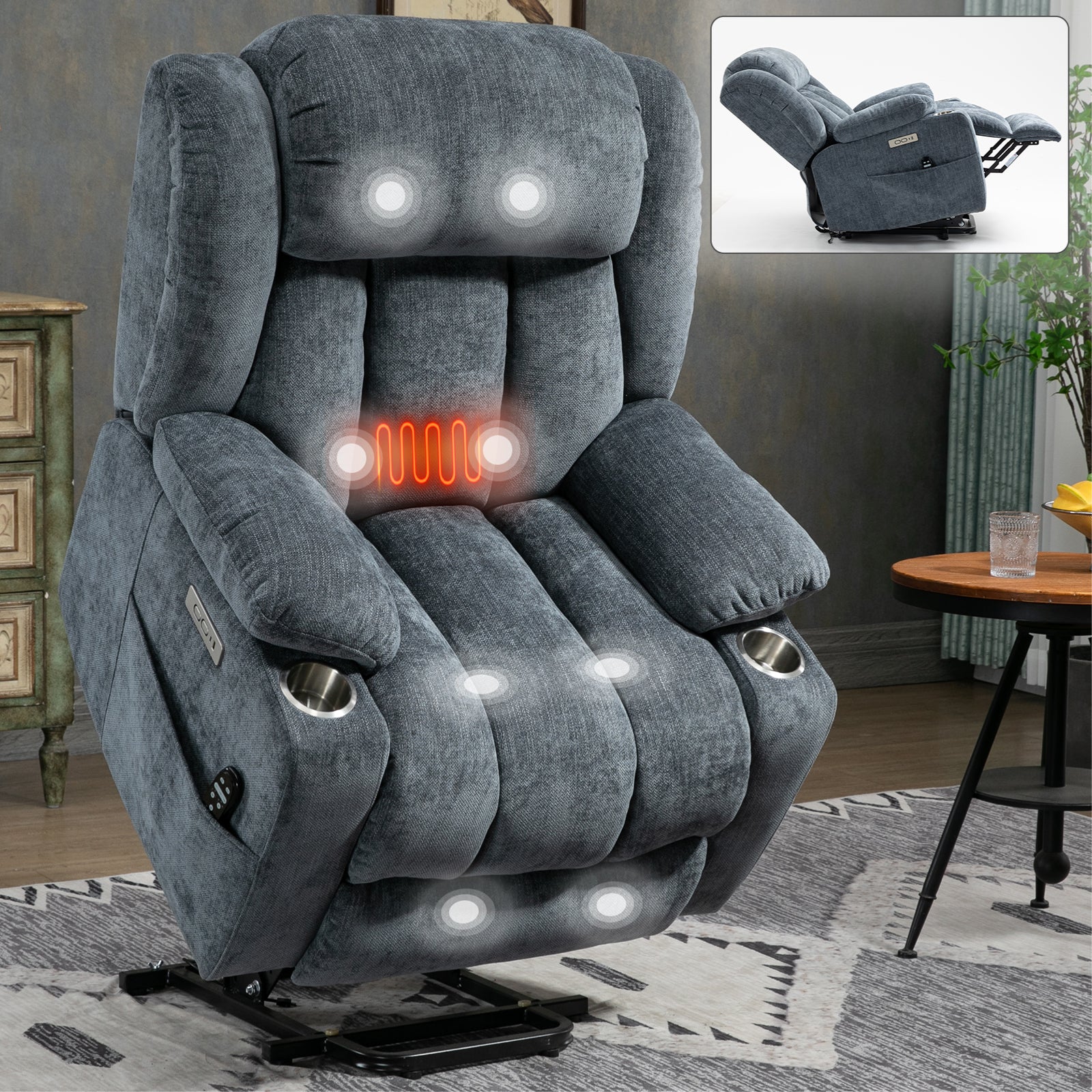 Up To 350 Lbs Chenille Power Lift Recliner Chair, Heavy Duty Motion Mechanism With 8 Point Vibration Massage And Lumbar Heating, Usb And Type C Ports, Stainless Steel Cup Holders, Blue White Metal Primary Living Space Heavy Duty Pine Blue Chenille Power