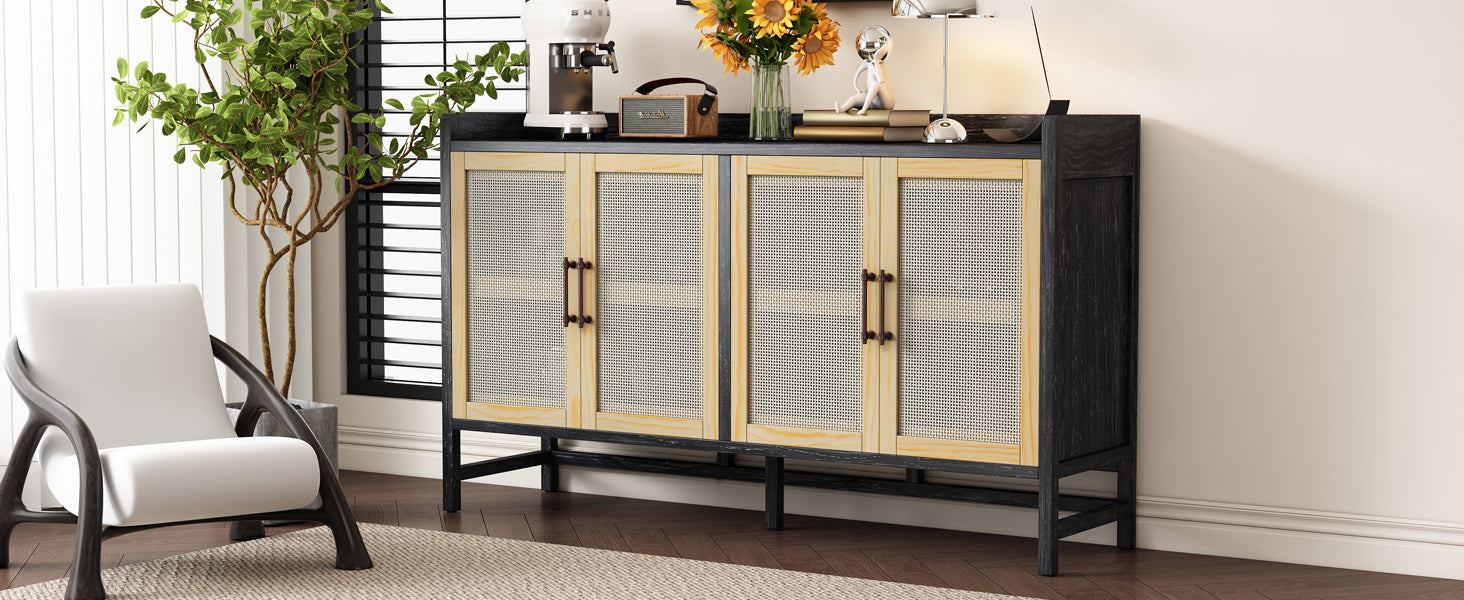 Sideboard Rustic Buffet Cabinet, Sideboard Cabinet With Decorative Rattan Doors, Buffet Cabinet With Storage For Entryway Dining Room Kitchen Living Room, Black Natural Black Natural Mdf