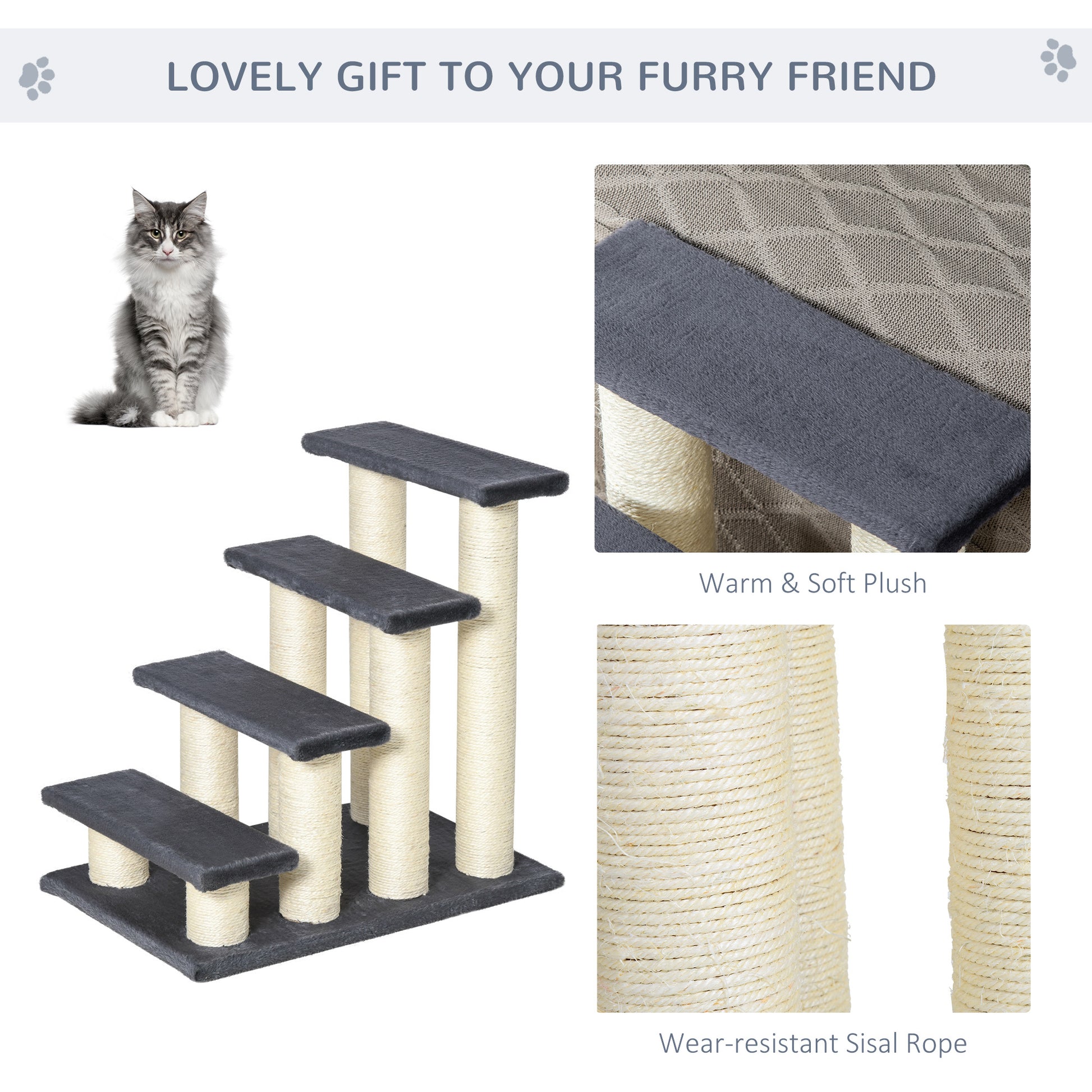 Pawhut Cat Tree With 4 Steps For High Beds Couch, Cute Stair Shaped Cat Tree For Indoor Cats Or Dogs W Sisal Scratching Post, Climbing, Playing, Gray Gray Particle Board