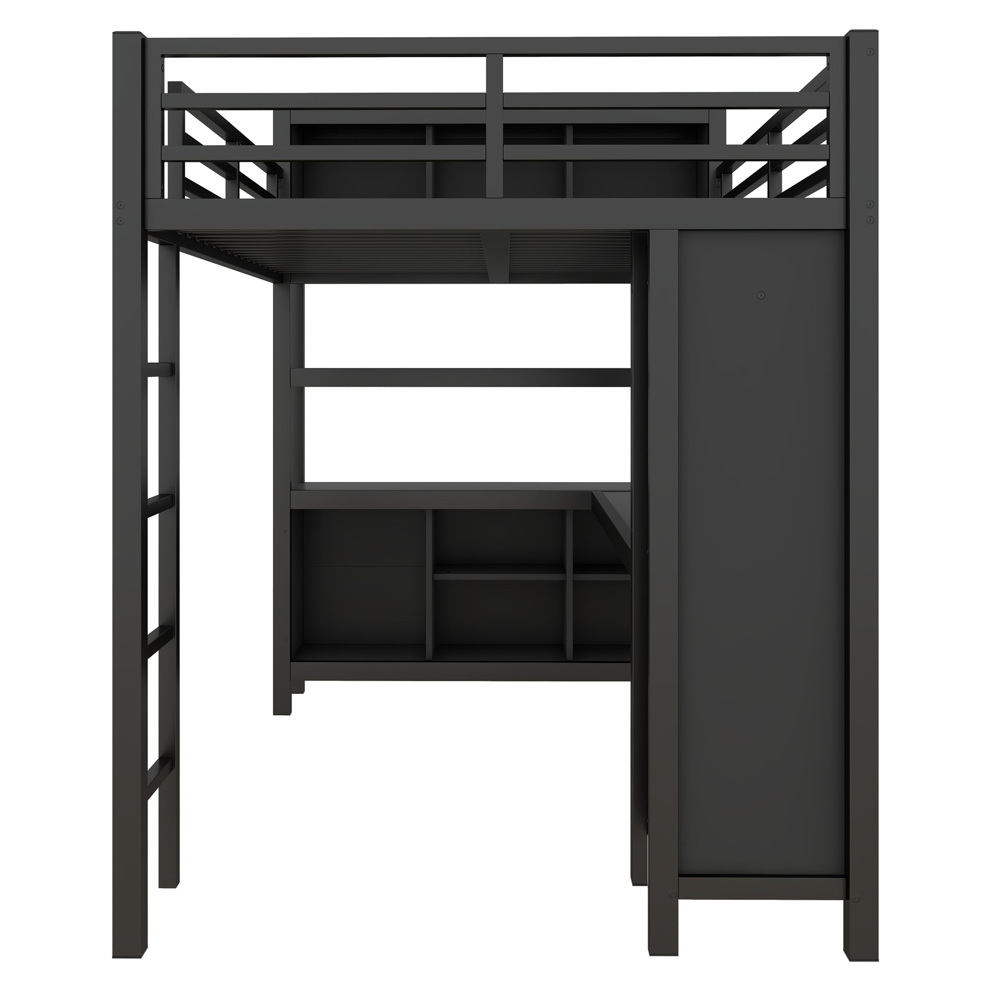 Metal Loft Bed With Wardrobe And L Shaped Desk, Full Size Loft Bed With Storage Cubes And Shelves, Heavy Duty Loft Bed For Kids Teens Adults, Black Full Black Metal