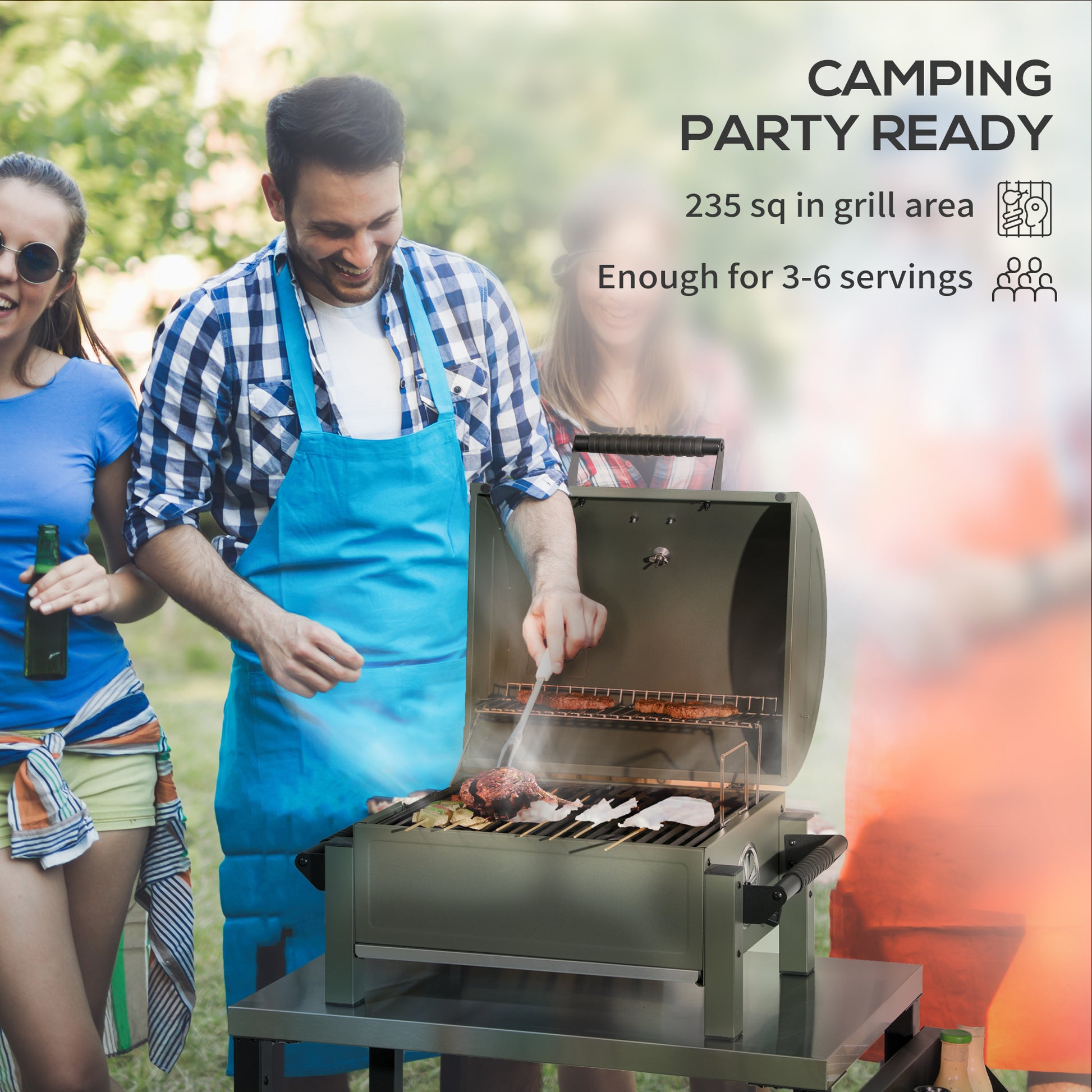 Outsunny Charcoal Bbq Grill With 235 Sq.In. Cooking Area, Tabletop Outdoor Barbecue With Ash Catcher And Built In Thermometer For Patio, Backyard, Camping, Picnic, Dark Green Green Steel