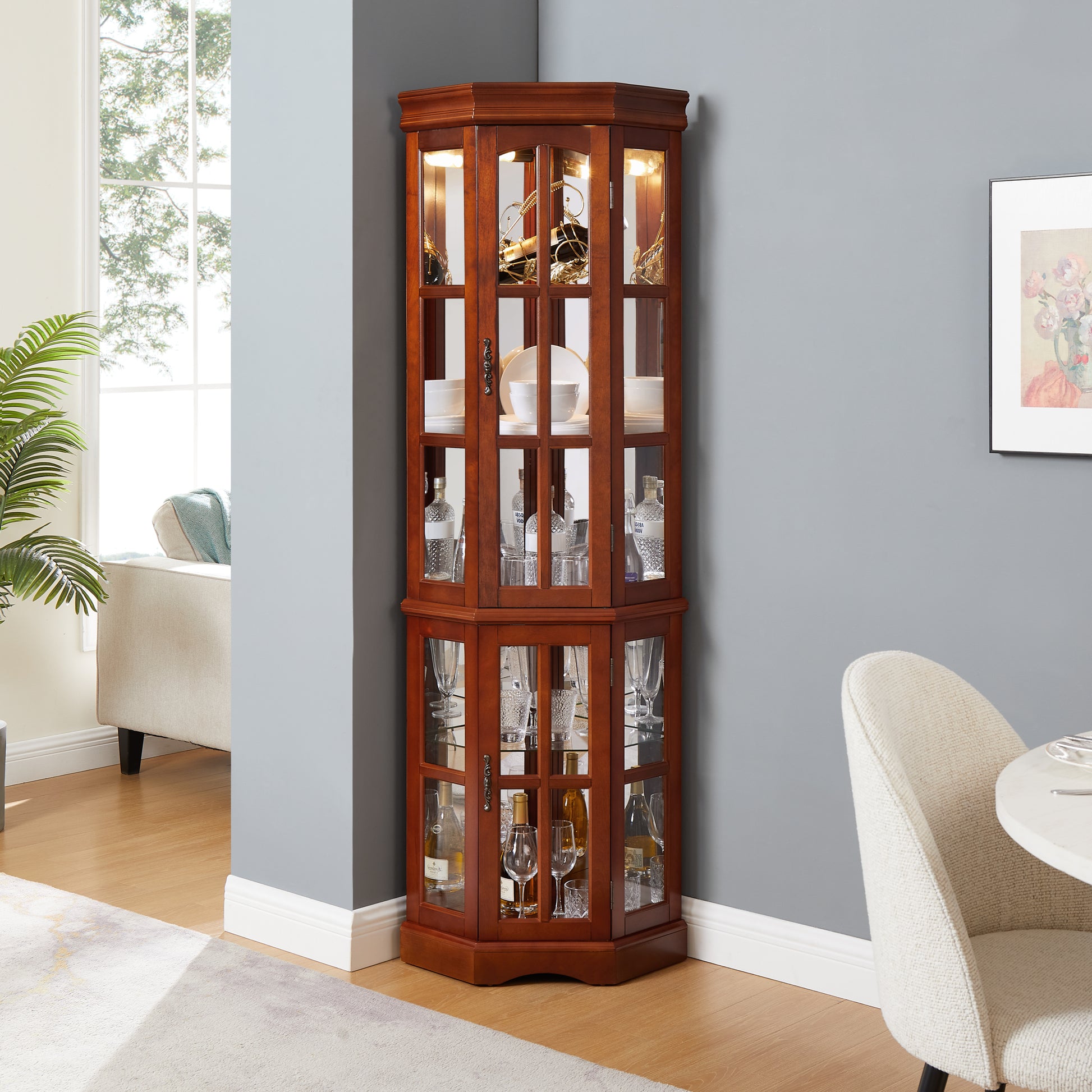 Corner Curio Cabinet With 5 Shelves And Lighting System, Walnut E26 Light Bulb Not Included Walnut Mdf