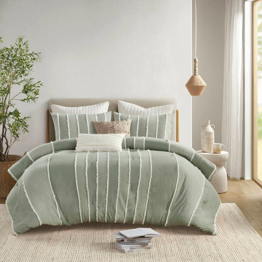 3 Piece Striped Cotton Comforter Set Sage King Cal King Sage Cotton