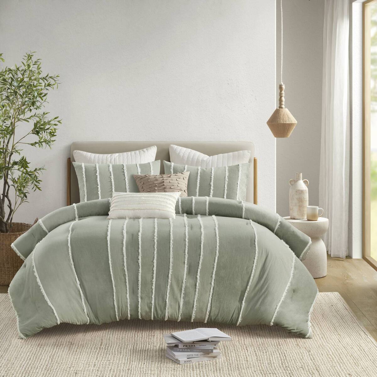 3 Piece Striped Cotton Comforter Set Sage King Cal King Sage Cotton