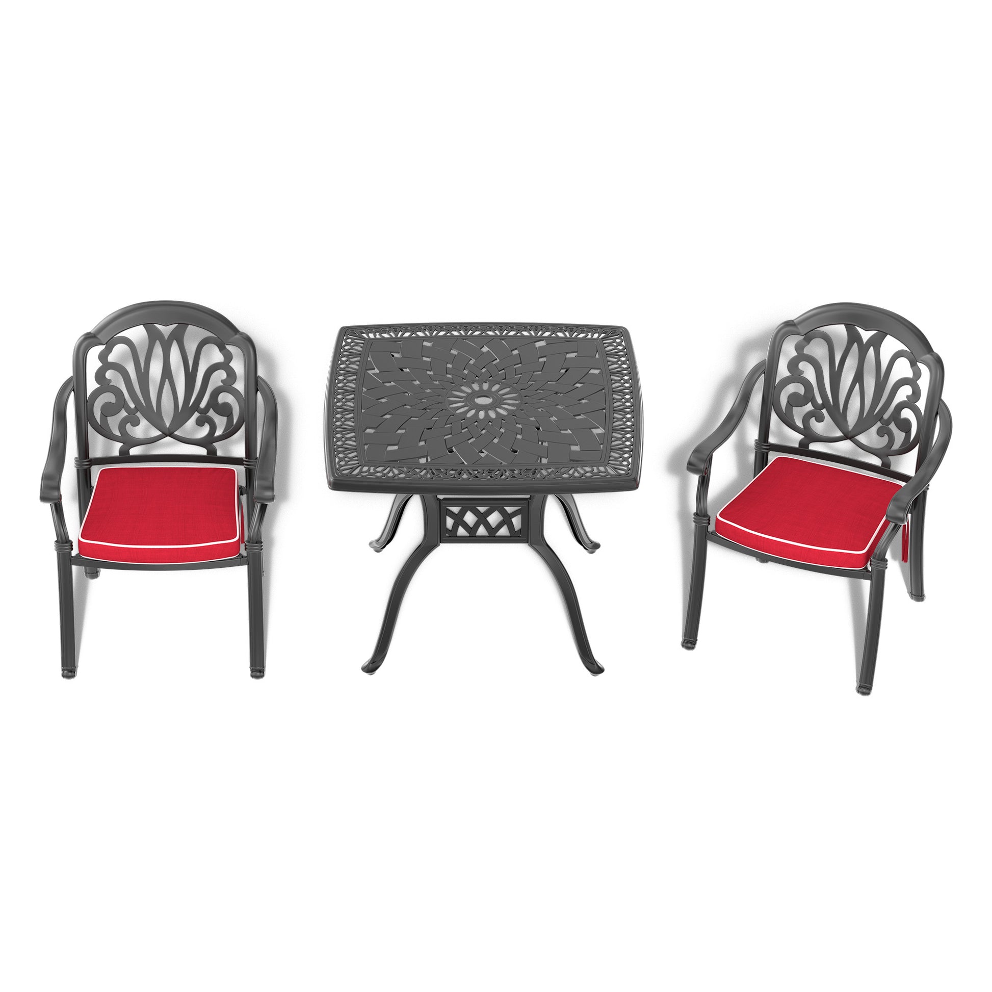 Cushions In Random Colors 3 Piece Set Of Cast Aluminum Patio Furniture With Cushions Yes Dining Set Black Seats 2 Rust Resistant Frame Water Resistant Cushion Garden & Outdoor Complete Patio Sets Aluminium