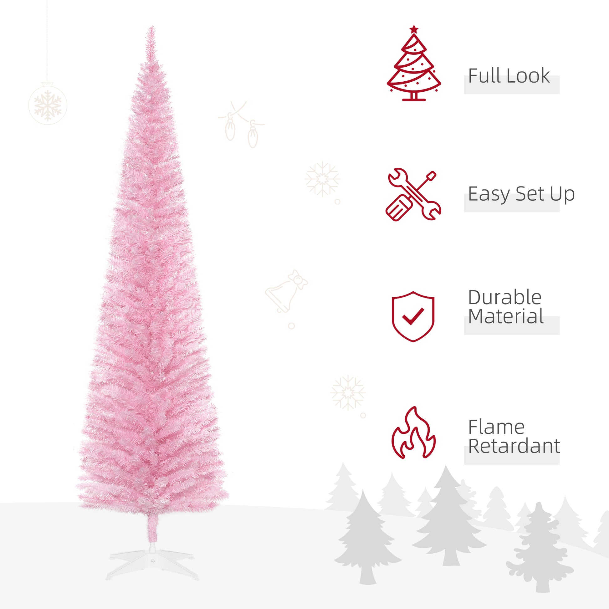 Homcom 7' Artificial Pencil Christmas Tree, Slim Xmas Tree With 499 Realistic Branch Tips And Plastic Stand, Pink Pink Polyvinyl Chloride