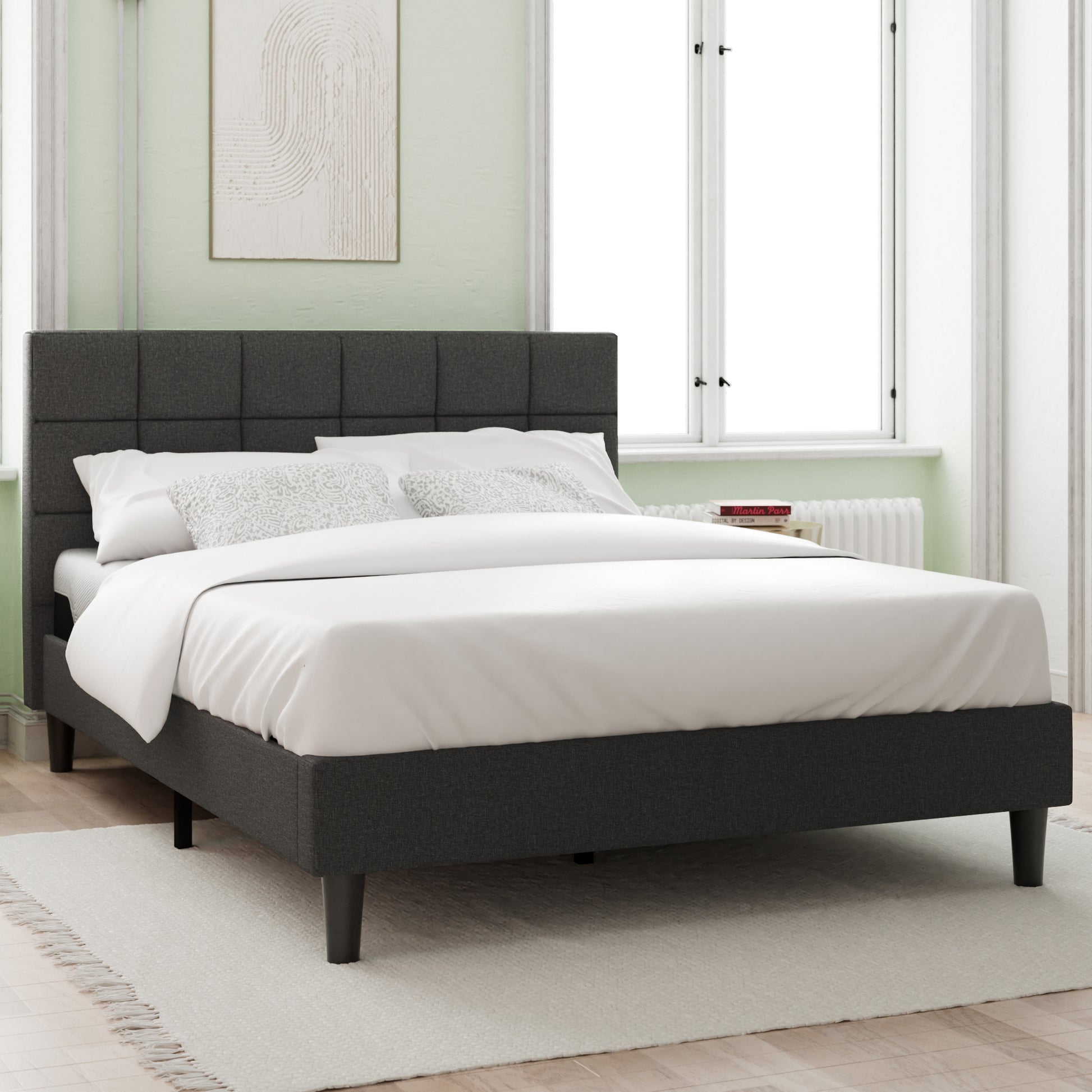 Upholstered Platform Bed Square Stitch Queen Grey Wood Upholstered