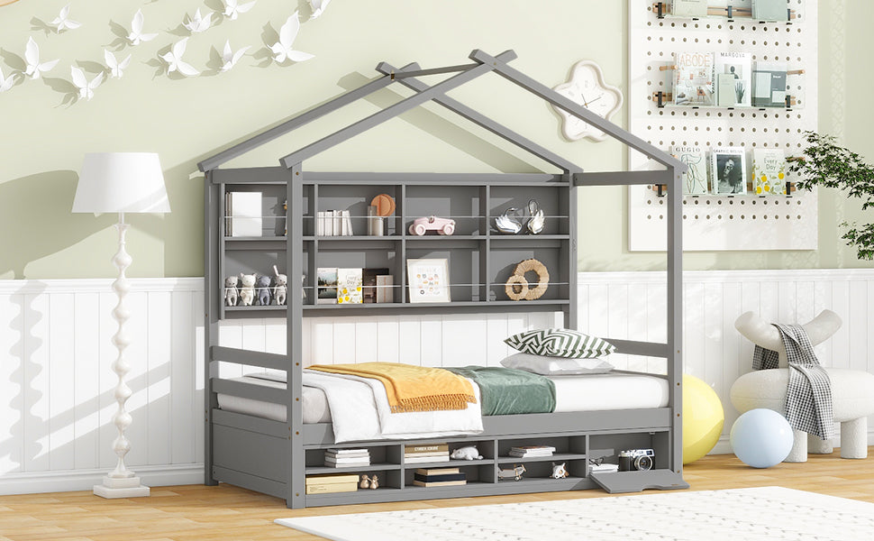 Twin House Bed With Roof Frame, Bedside Shelves, Under Bed Storage Unit,Grey Twin Grey American Design Pine