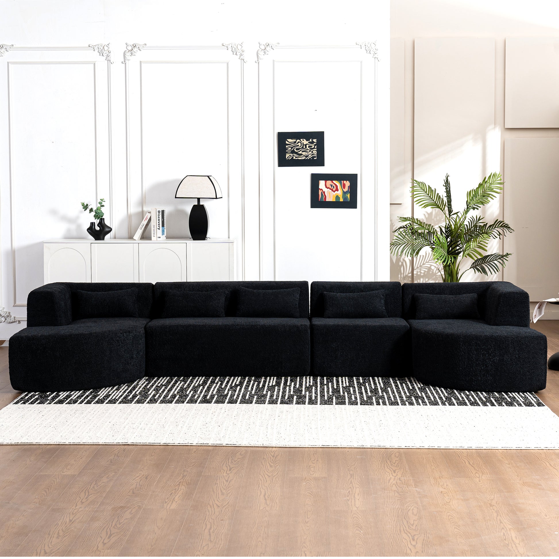 143.7" Upholstered Sofa Free Combined Sofa Couch With Two Chaise Lounge And Five Back Pillows For Living Room, Black Black Foam Polyester 5 Seat