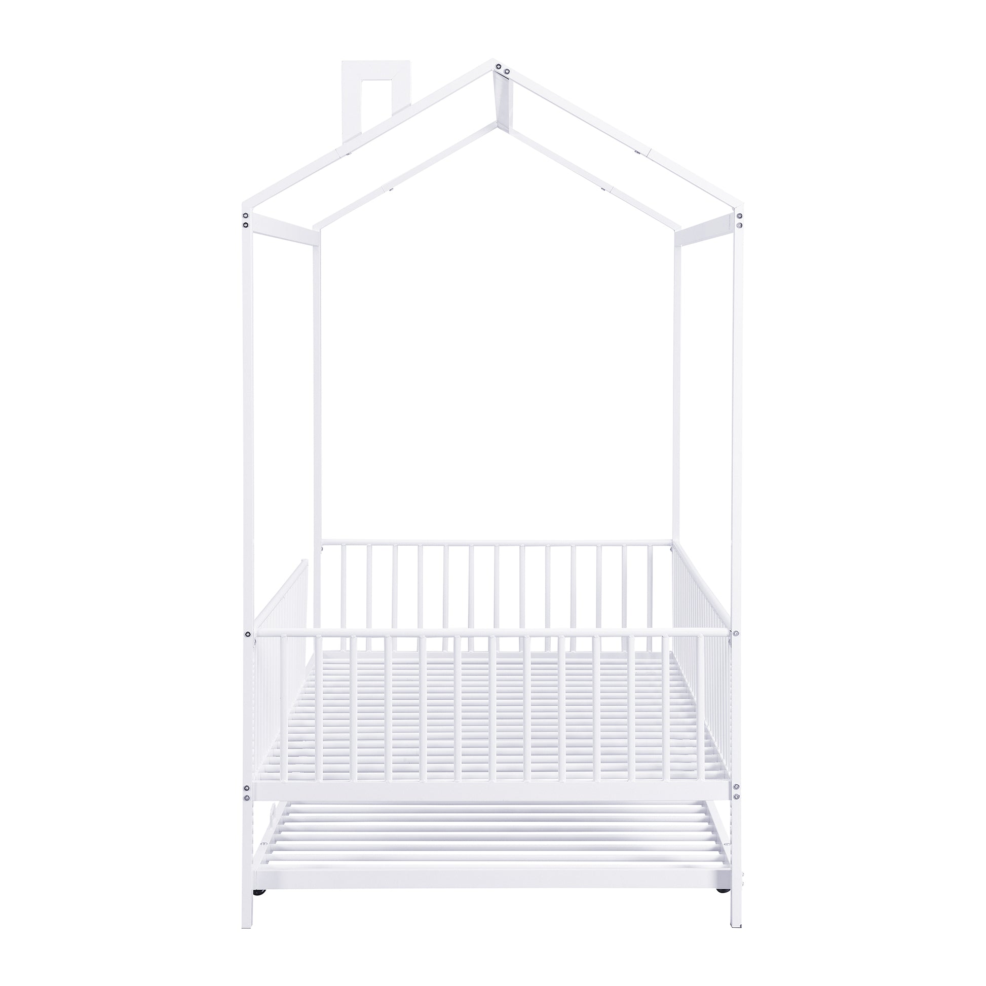 Twin Size Metal House Bed With Fence, With Trundle, White Twin White Metal