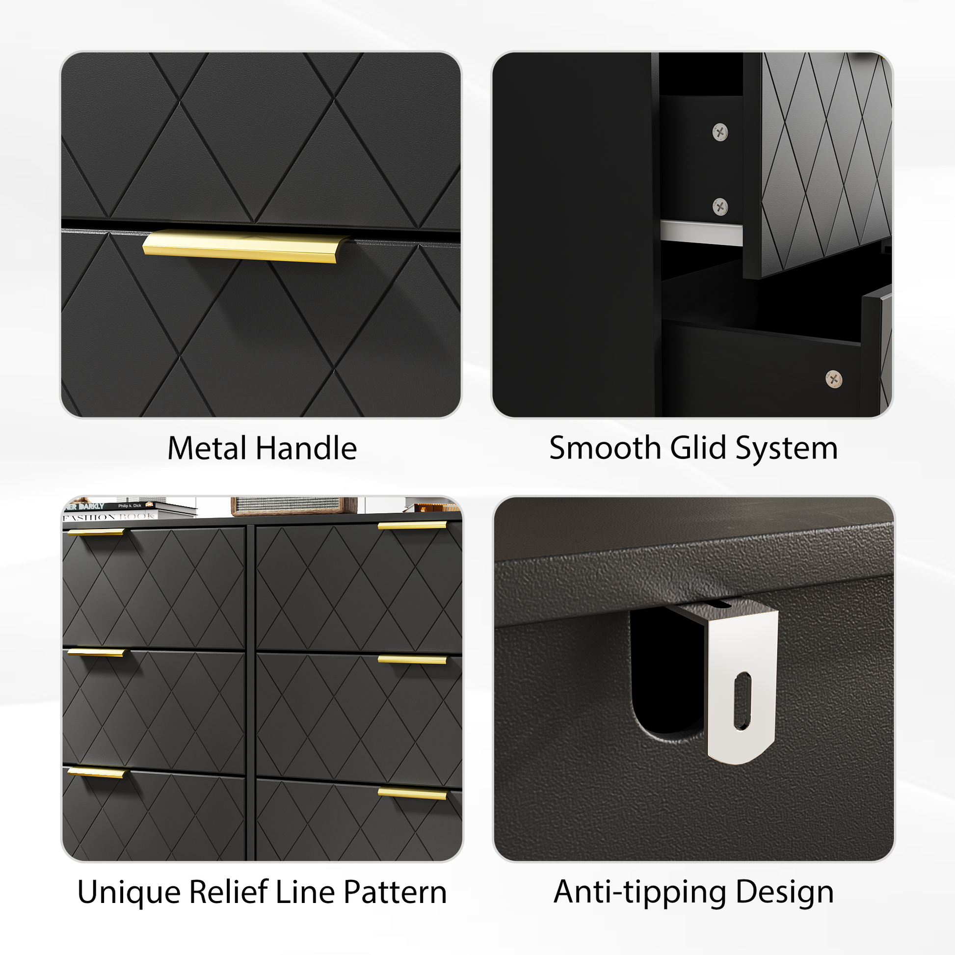 Modern Black 6 Drawers For Bedroom, Small Size Modern 6 Drawer Dresser, Wide Chest Of Drawers With Gold Handles, Wood Double Dresser Storage Cabinet For Living Room, Bedroom, Hallway Black Bedroom Mdf