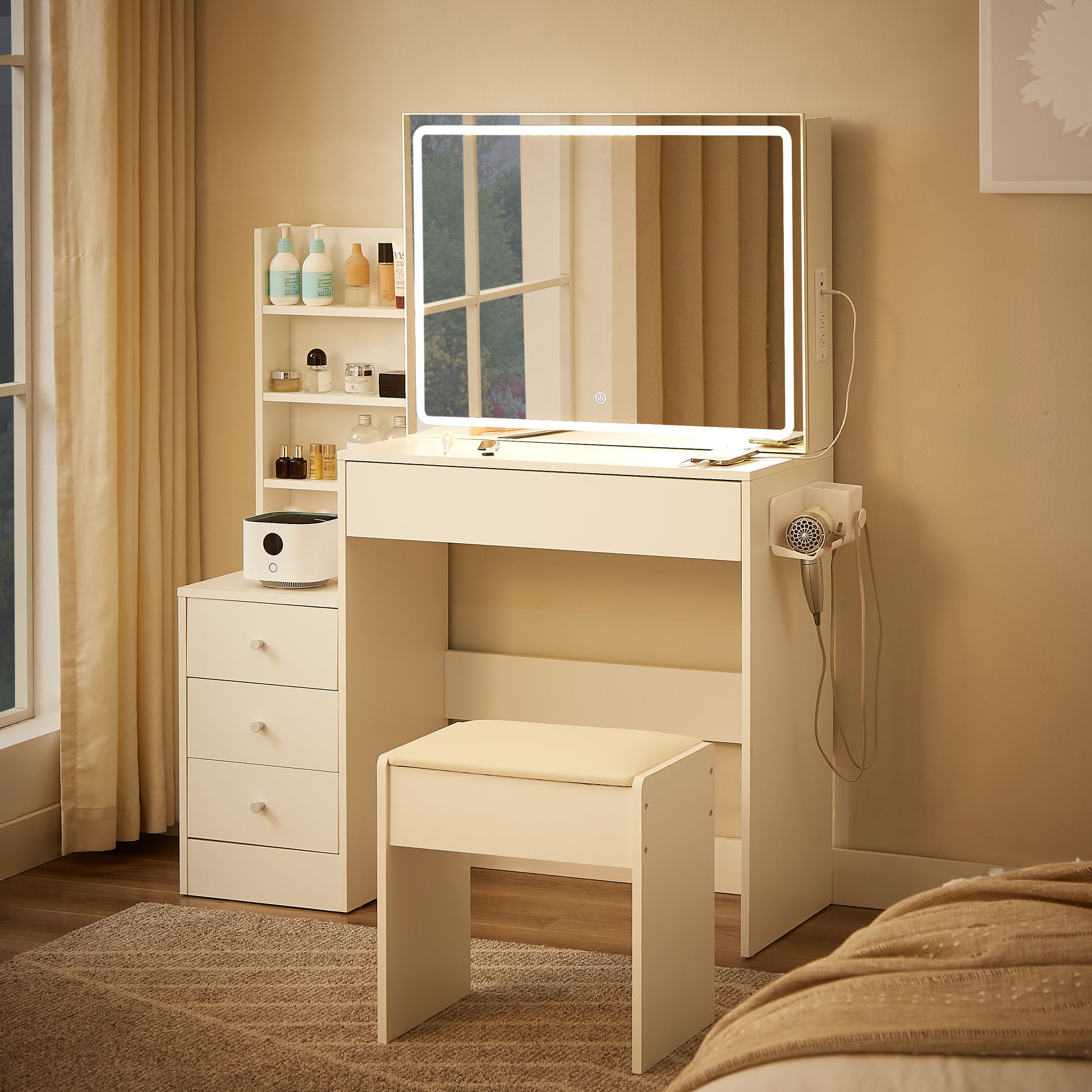 Vanity Table With Led Lit Mirror With Power Outlet And Hairdryer Shelving, With 4 Drawers And Upholstered Stool, Brightness Adjustable In 3 Lighting Modes, Storage Table, White,43.3"L *15.7"W