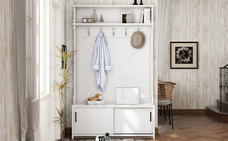 Hall Tree With Top Shelf And Storage Bench, Hallway Shoe Cabinet With Sliding Doors, Coat Rack With 5 Hanging Hooks For Entryways Hallways,White Off White Particle Board Mdf