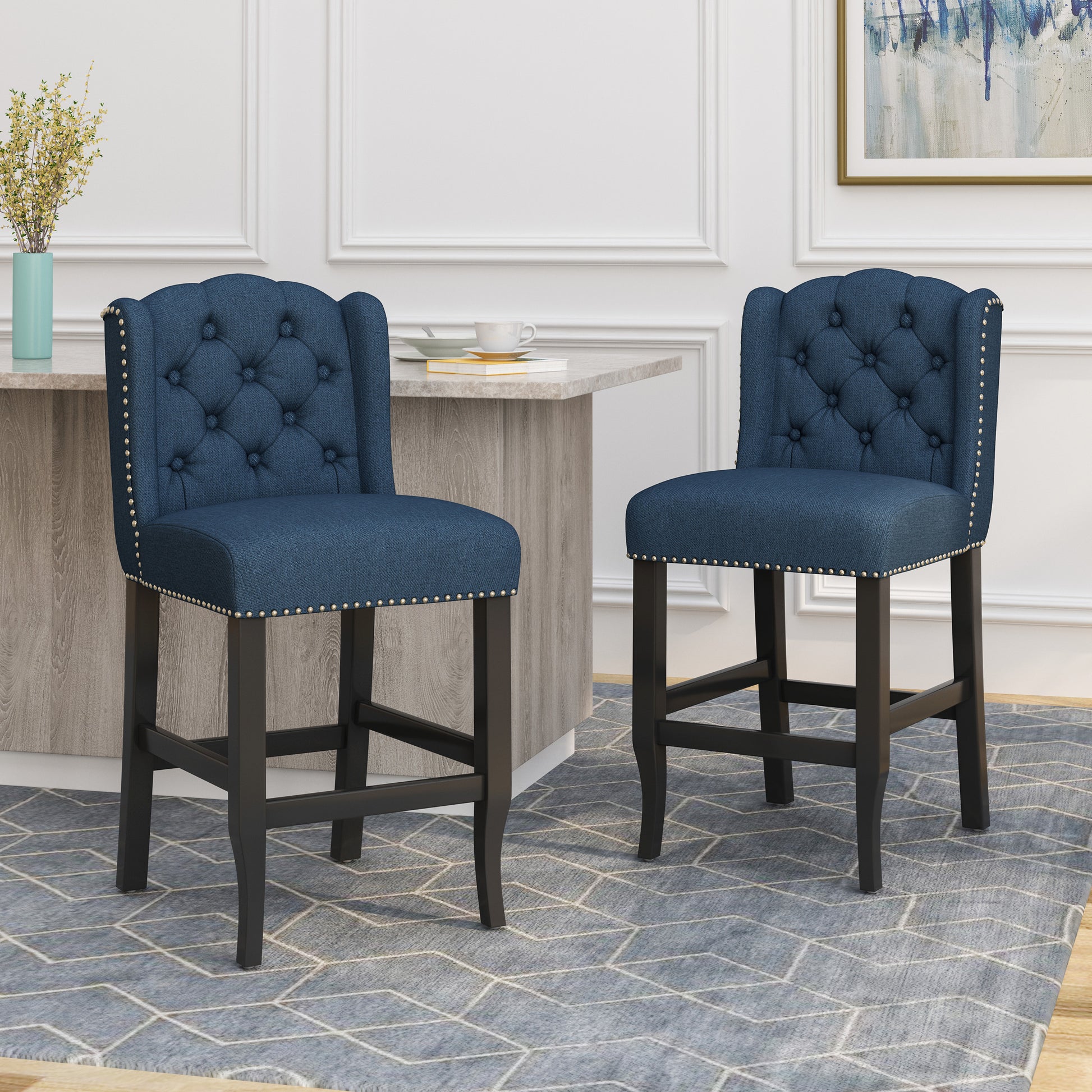 Vienna Contemporary Fabric Tufted Wingback 27 Inch Counter Stools, Set Of 2, Navy Blue And Dark Brown Navy Blue Fabric