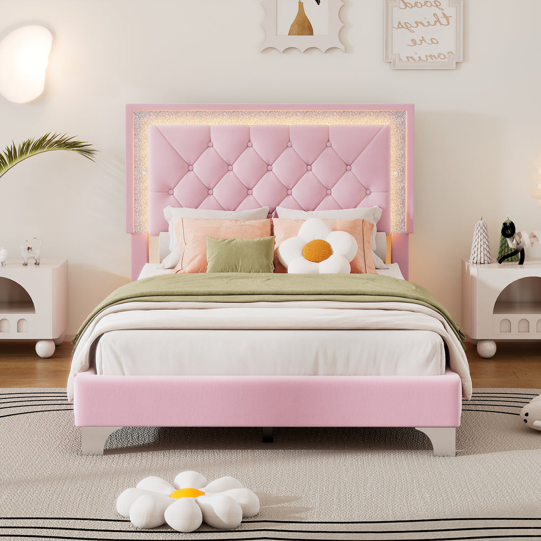 Twin Size Upholstered Bed Frame With Led Lights,Modern Velvet Platform Bed With Tufted Headboard,Pink Twin Pink Velvet