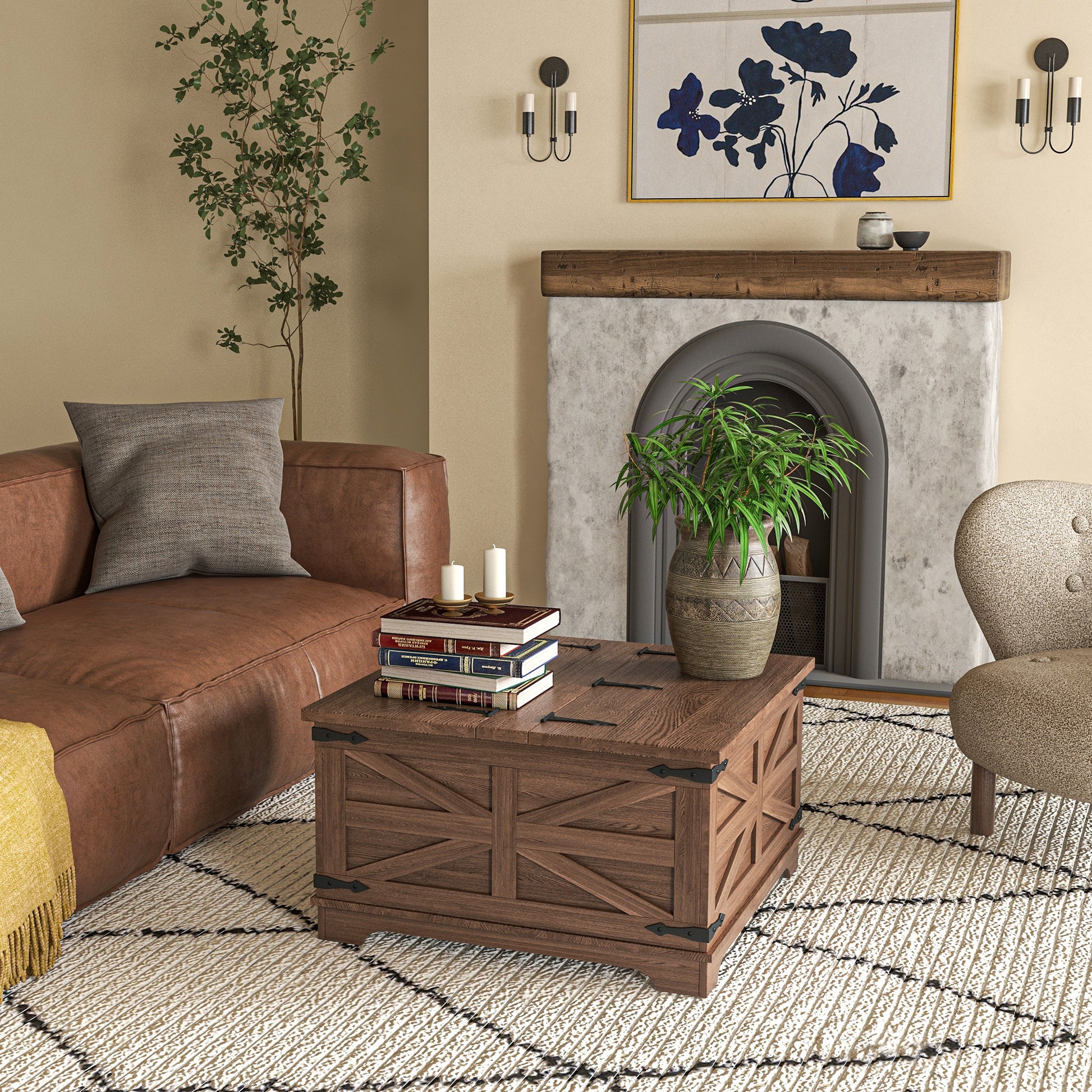 Homcom Farmhouse Coffee Table With Storage, Center Table With Hinged Lift Top And Hidden Space, Square Coffee Table For Living Room, Distressed Brown Brown Particle Board