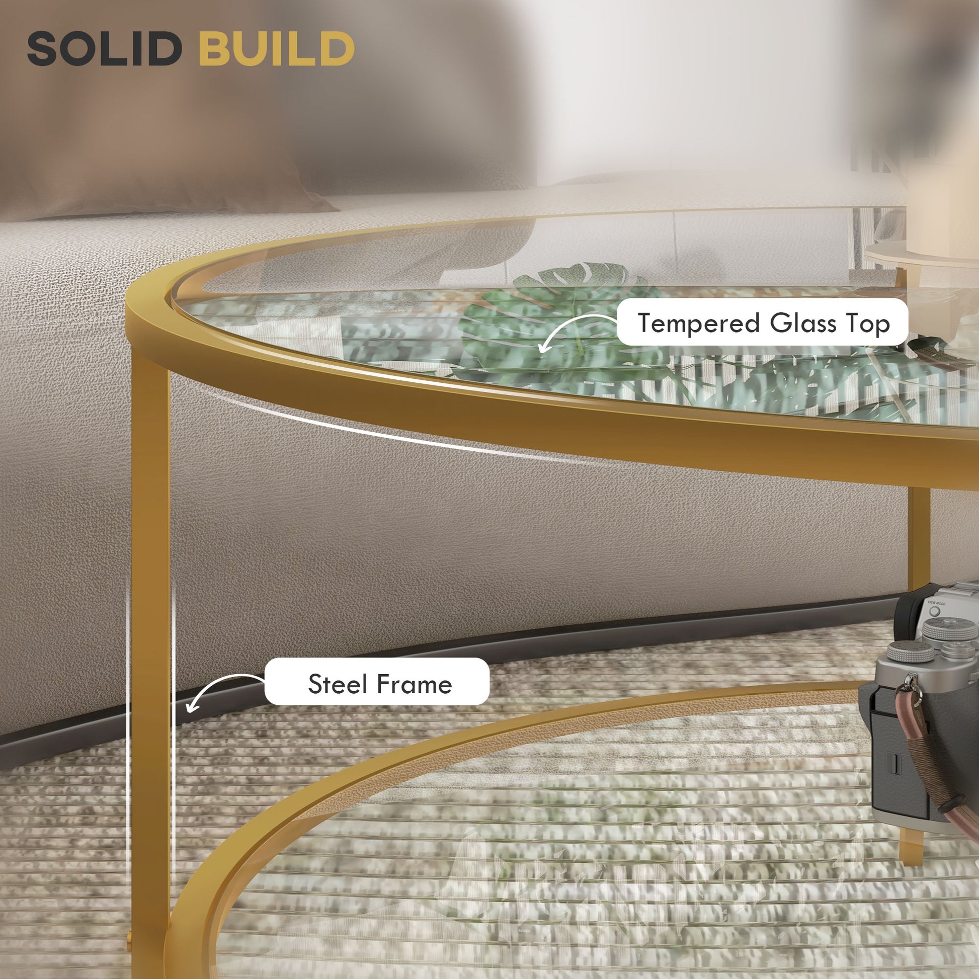 Homcom Side Table With Storage, 36" Round End Table, 2 Tier Tempered Glass Coffee Table With Steel Frame For Living Room, Gold Gold Glass Metal