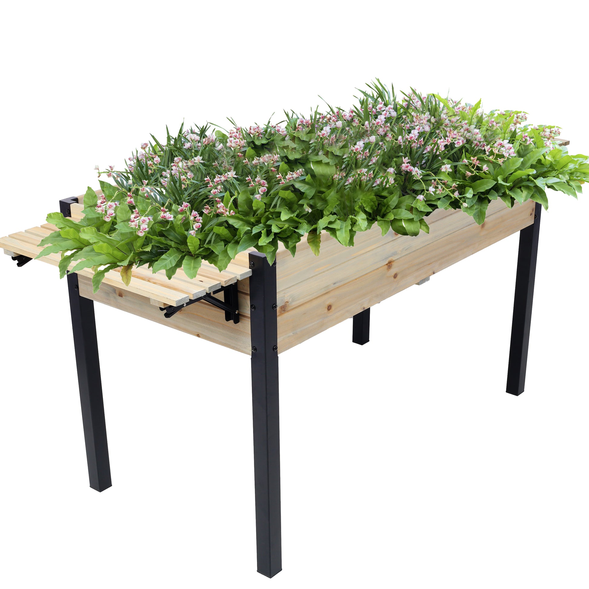 Raised Garden Bed, Metal Leg Wood Planter Boxes With Folding Storage Shelf,Elevated Planter Box For Growing Fresh Herbs, Vegetables, Flowers Great For Outdoor Patio, Deck, Balcony Black Natural Wood