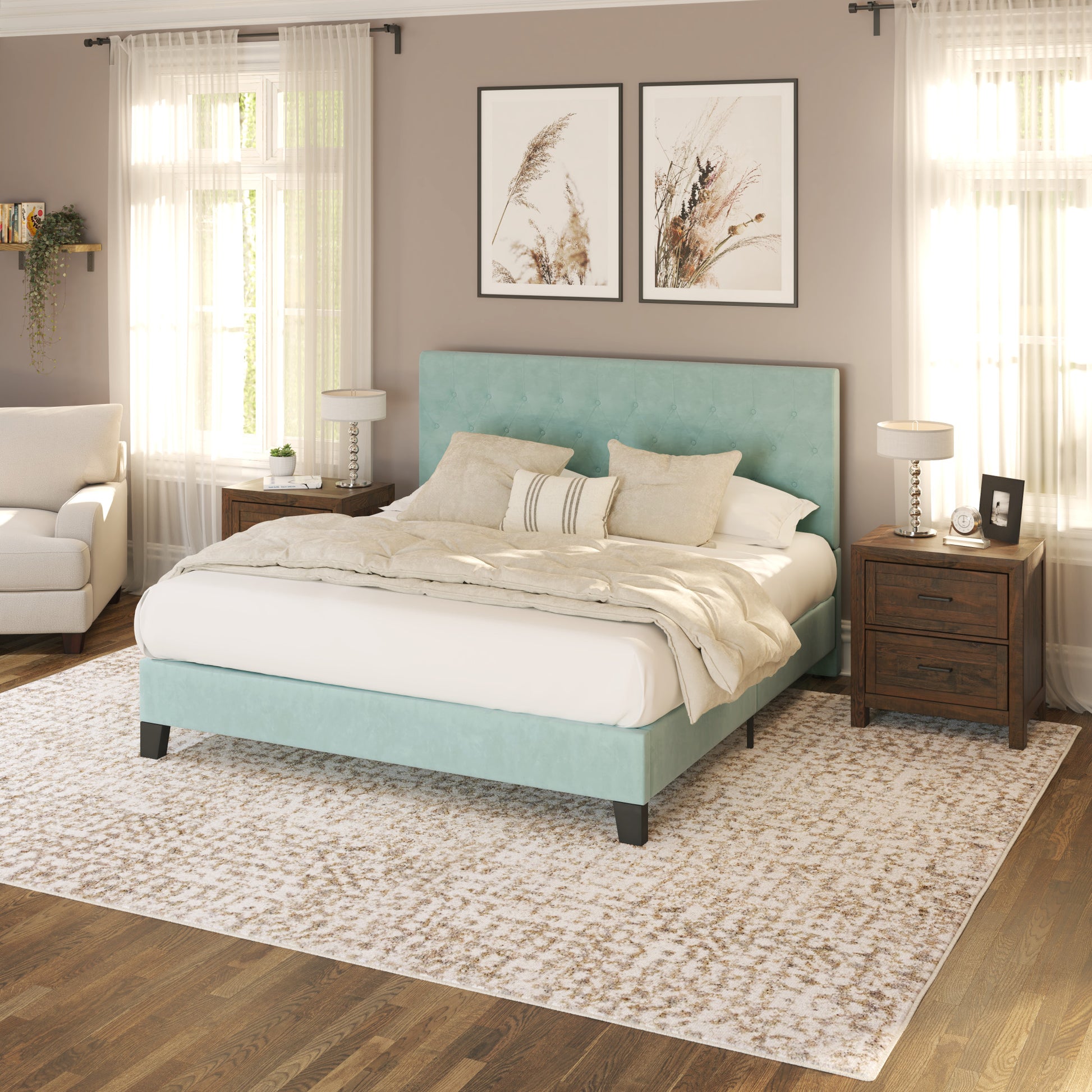 Luma Blue Queen Upholstered Bed Queen Blue Foam Solid Wood