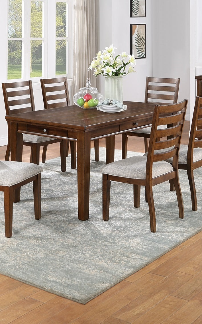 Contemporary Style 7Pc Dining Set Table W 4 Drawers 6X Side Chairs Ladder Back Walnut Finish Kitchen Dining Room Wood Dining Room Solid Wood Rubberwood Rectangular Dining Table With Chair Wood Wood Walnut Ladder Back Seats 6 60 Inches