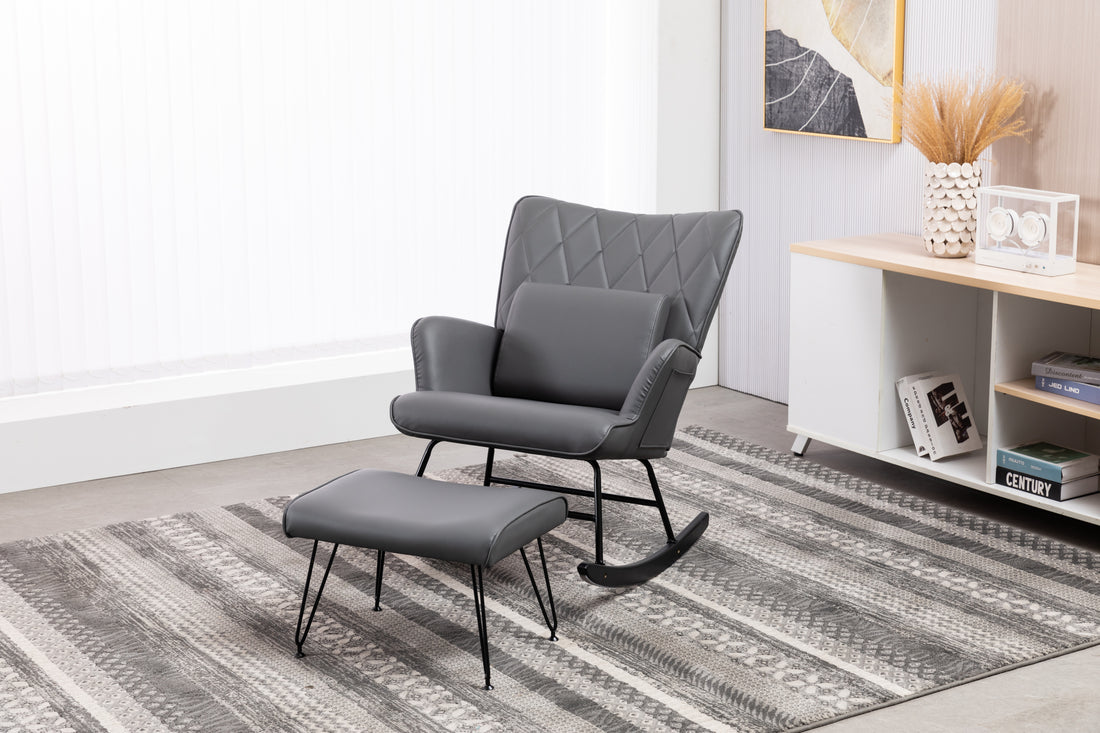 Rocking Chair, Glider Chair,Rocking Accent Chair With Lumbar Pillow And Ottoman For Nursery Living Room Bedroom Grey Pu