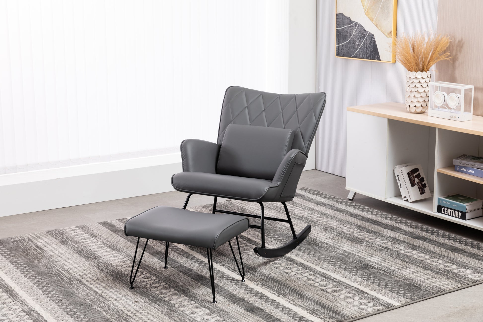 Rocking Chair, Glider Chair,Rocking Accent Chair With Lumbar Pillow And Ottoman For Nursery Living Room Bedroom Grey Pu