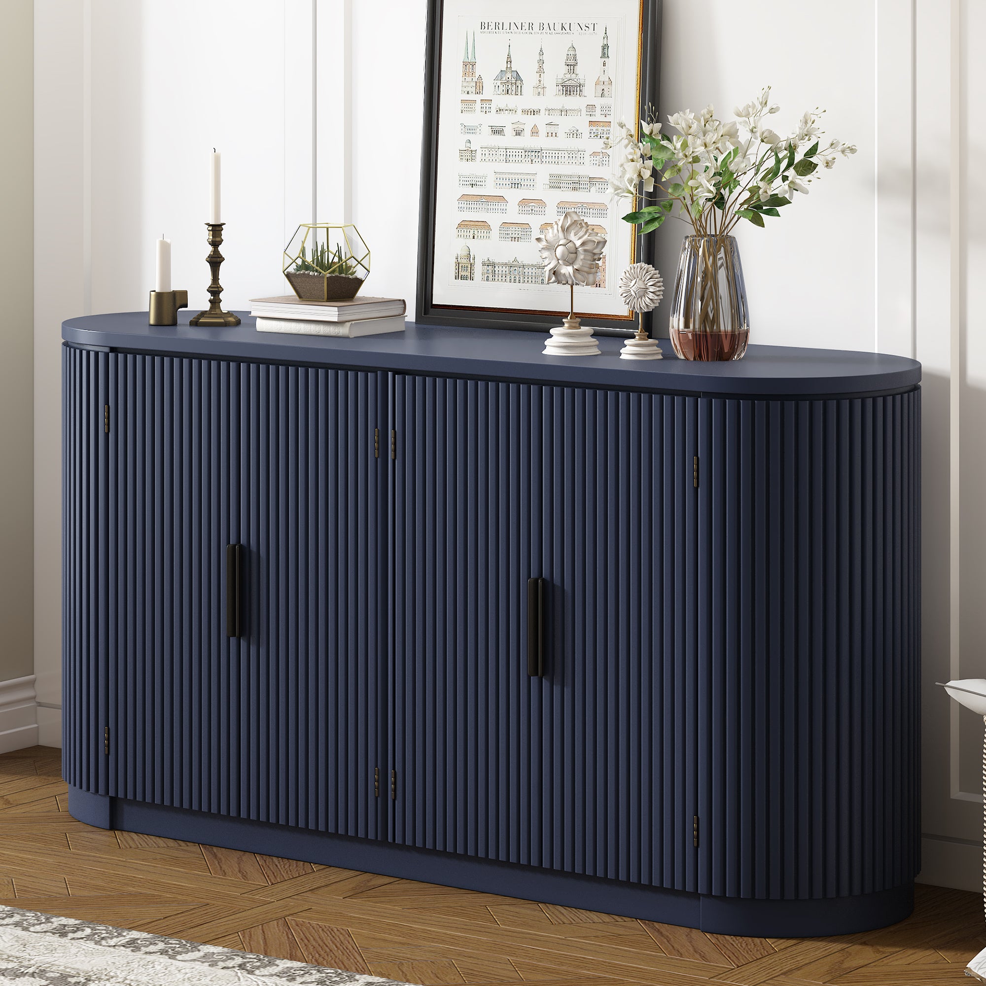 Vertical Striped Door Storage Cabinet With Metal Handles, Adjustable, Suitable For Study, Entryway And Living Room Navy Blue Mdf