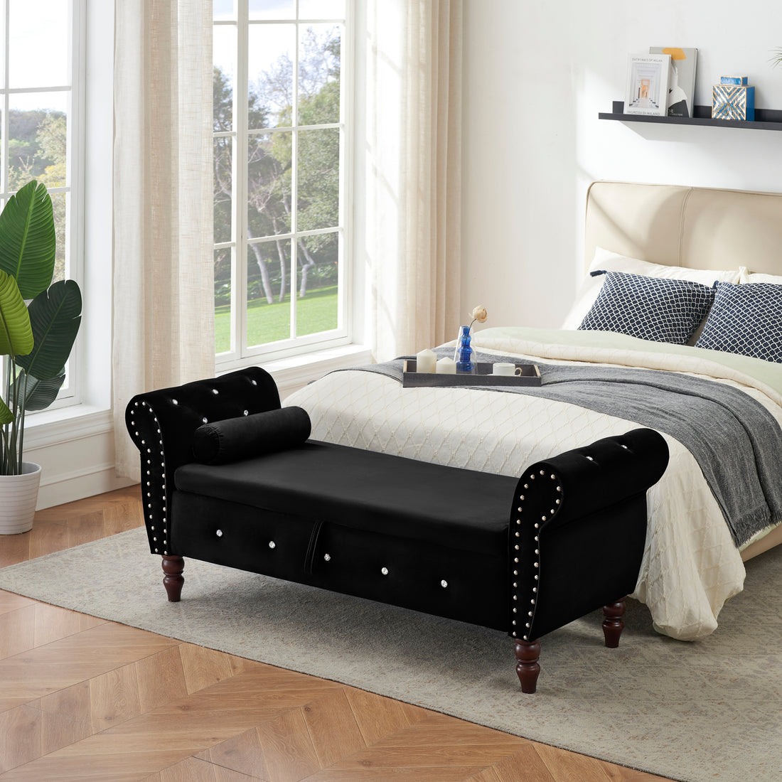 63.38"Velvet Multifunctional Storage Rectangular Ottoman Bench Comes With Crystal Buckle Solid Wood Legs With 1 Pillow,Black Black Velvet