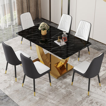 Table And Chair Set.Modern Rectangular Dining Table With Black Textured Stickers Glass Tabletop And Gold Plated Metal Legs.Paried With 6 Comfortable Chairs With Pu Seats And Black Metal Legs. Black Gold,White,White Gray Seats 6 Glass Metal