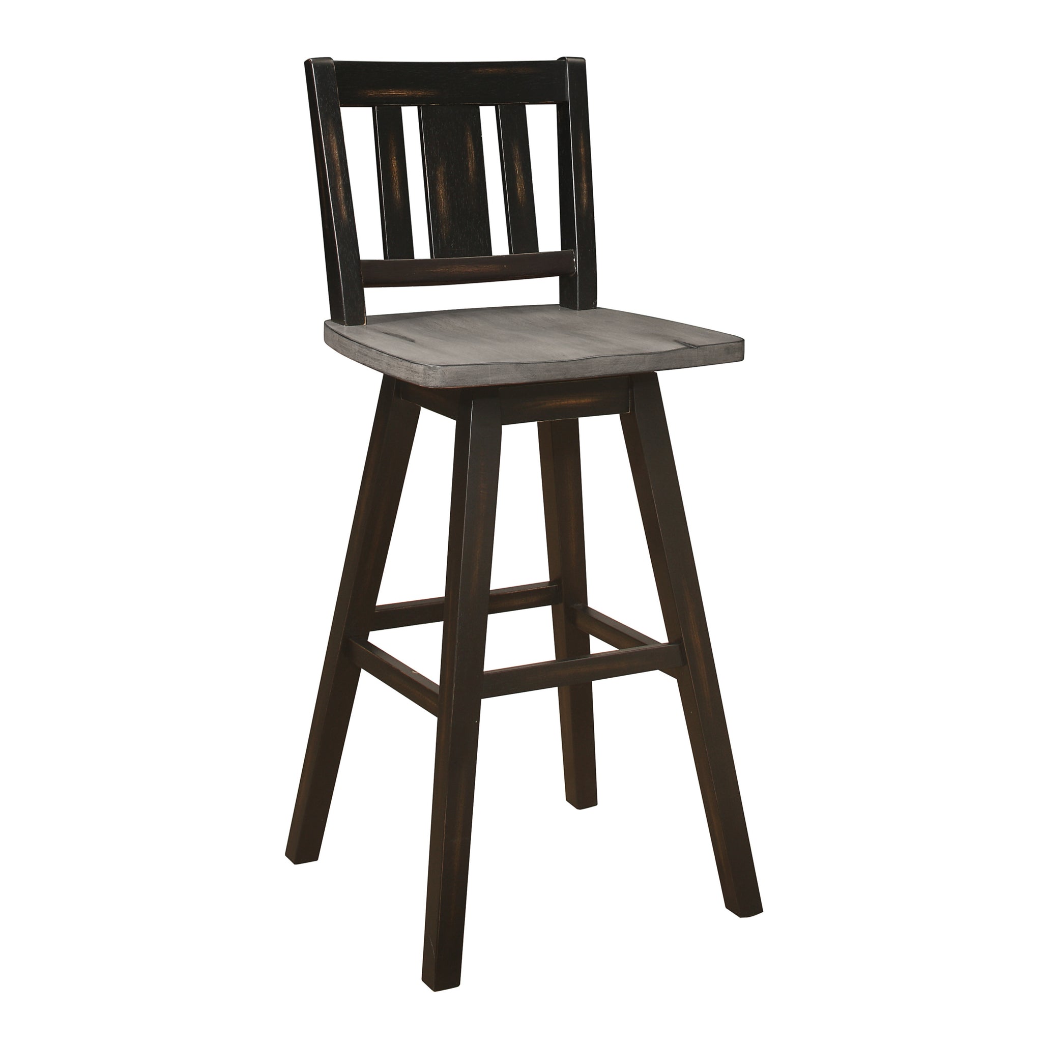 Pub Height Chairs Set Of 2, Distressed Gray And Black 360 Degree Swivel Chair Solid Rubberwood Furniture, Vertical Slat Back Bar Chairs Black Gray Dining Room Rustic Slat Back Solid Wood