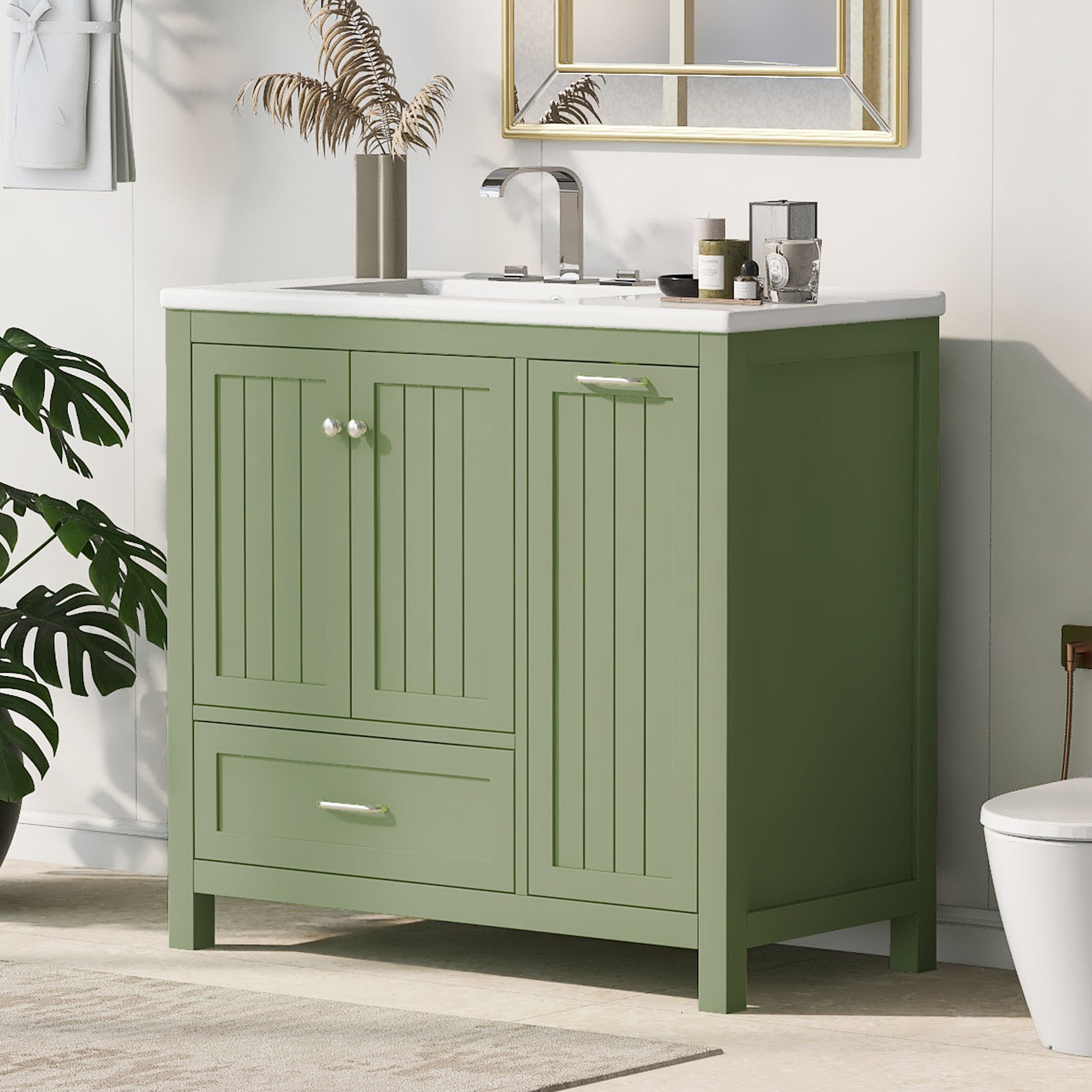 36" Bathroom Vanity With Sink, One Cabinet With Two Doors And One Big Drawer And One Flip Drawer, Solid Wood And Mdf Board, Green Green Solid Wood Mdf