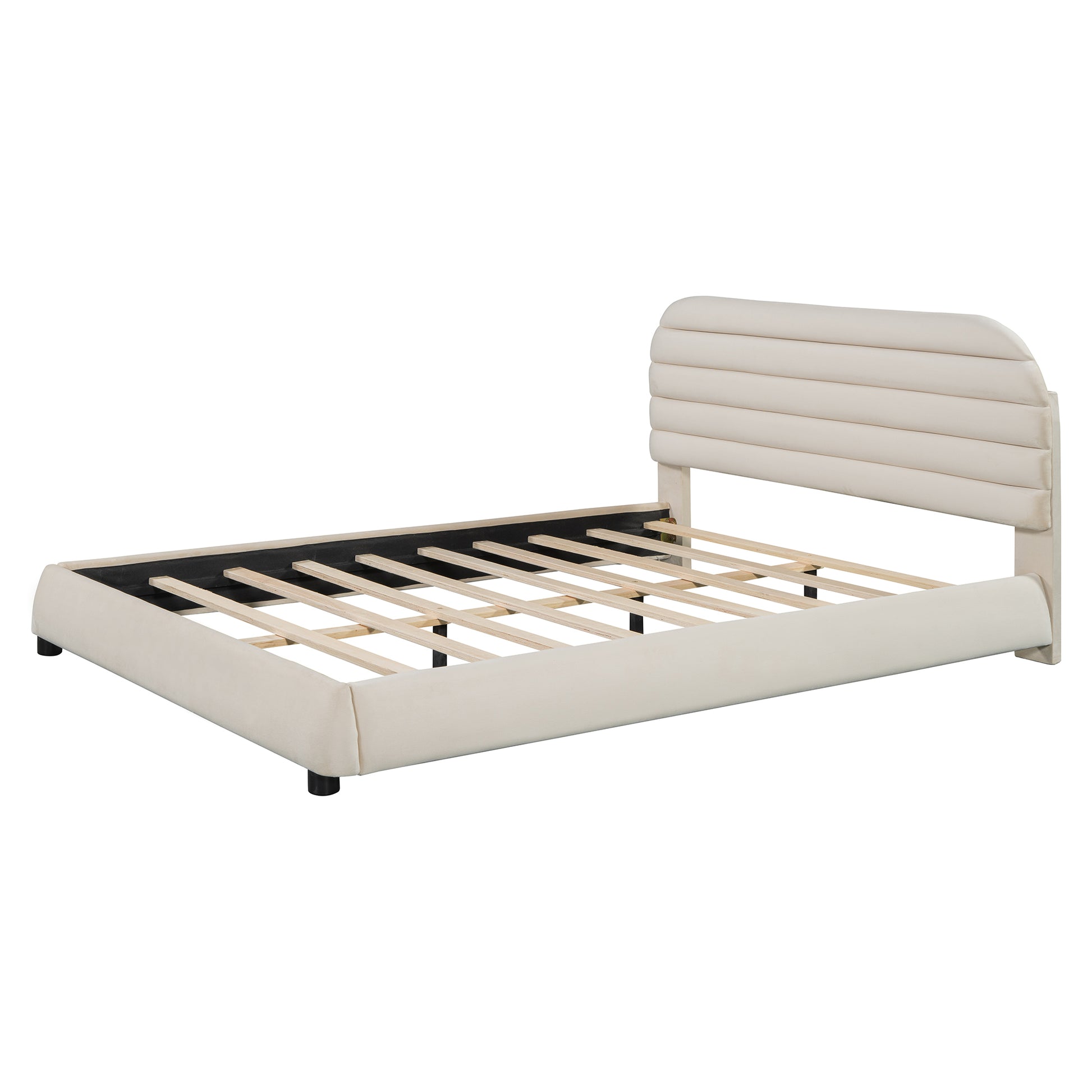 Queen Size Velvet Upholstered Platform Bed,Solid Frame And Stylish Curve Shaped Design, Beige Queen Beige Velvet