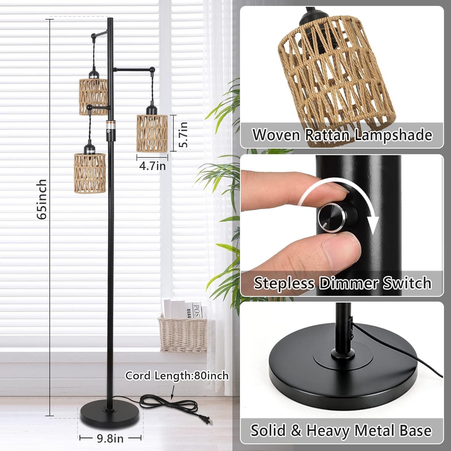 Floor Lamp Brown Black Rattan Metal